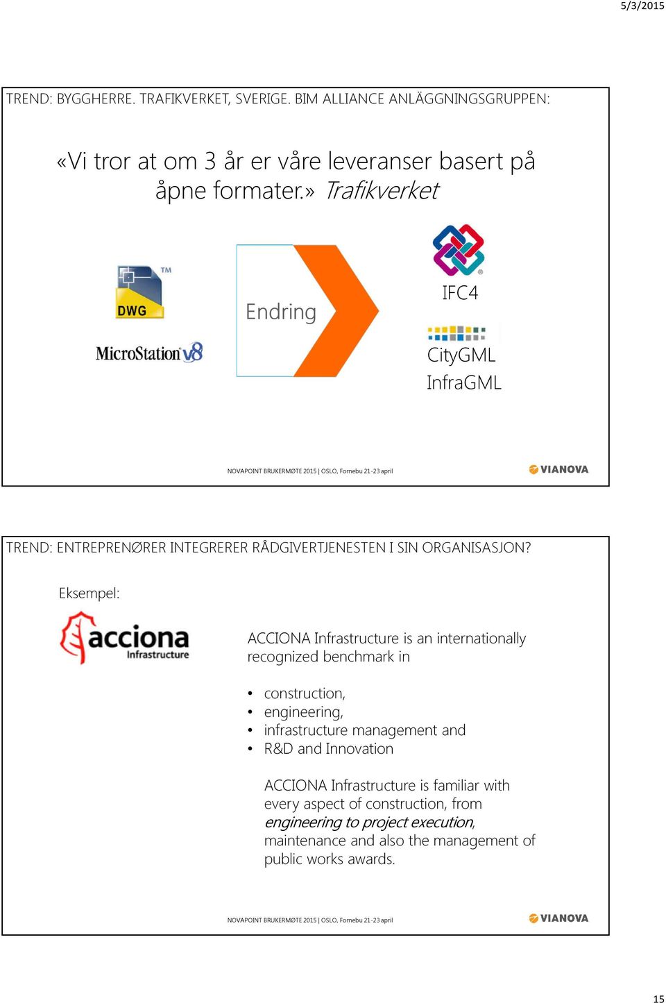 Eksempel: ACCIONA Infrastructure is an internationally recognized benchmark in construction, engineering, infrastructure management and R&D and