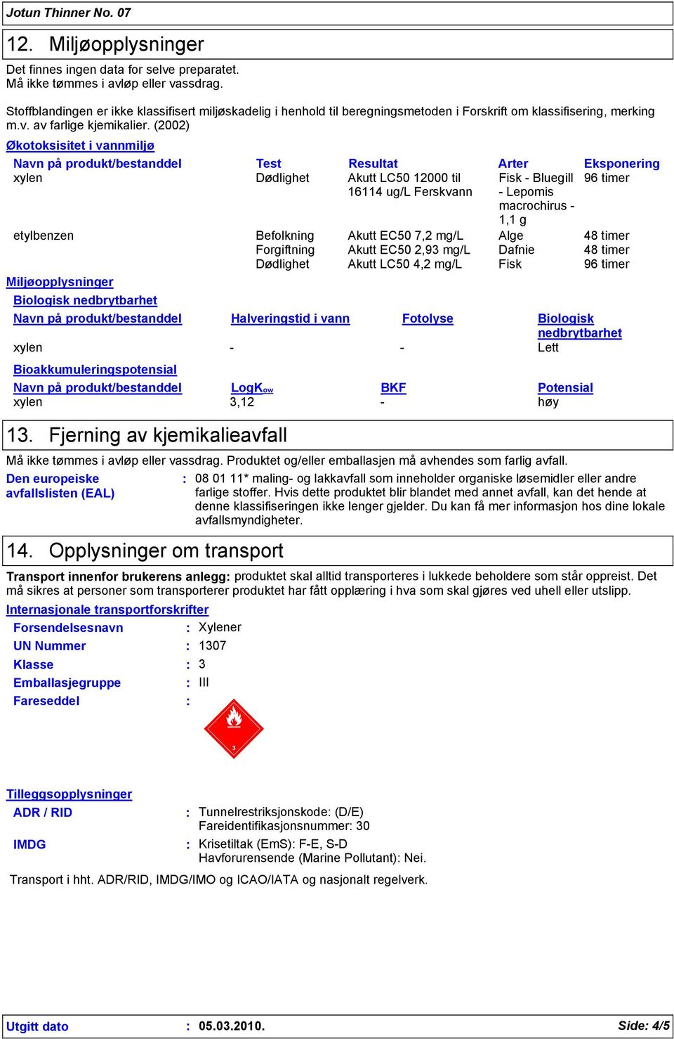 (2002) Økotoksisitet i vannmiljø Navn på produkt/bestanddel Test Resultat Arter Eksponering xylen Dødlighet Akutt LC50 12000 til Fisk - Bluegill 96 timer 16114 ug/l Ferskvann - Lepomis macrochirus -