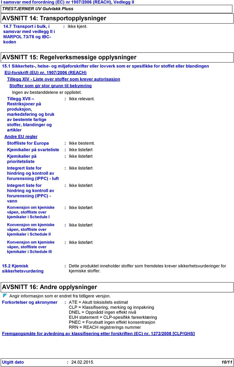 1907/2006 (REACH) Tillegg XIV - Liste over stoffer som krever autorisasjon Stoffer som gir stor grunn til bekymring Ingen av bestanddelene er opplistet.