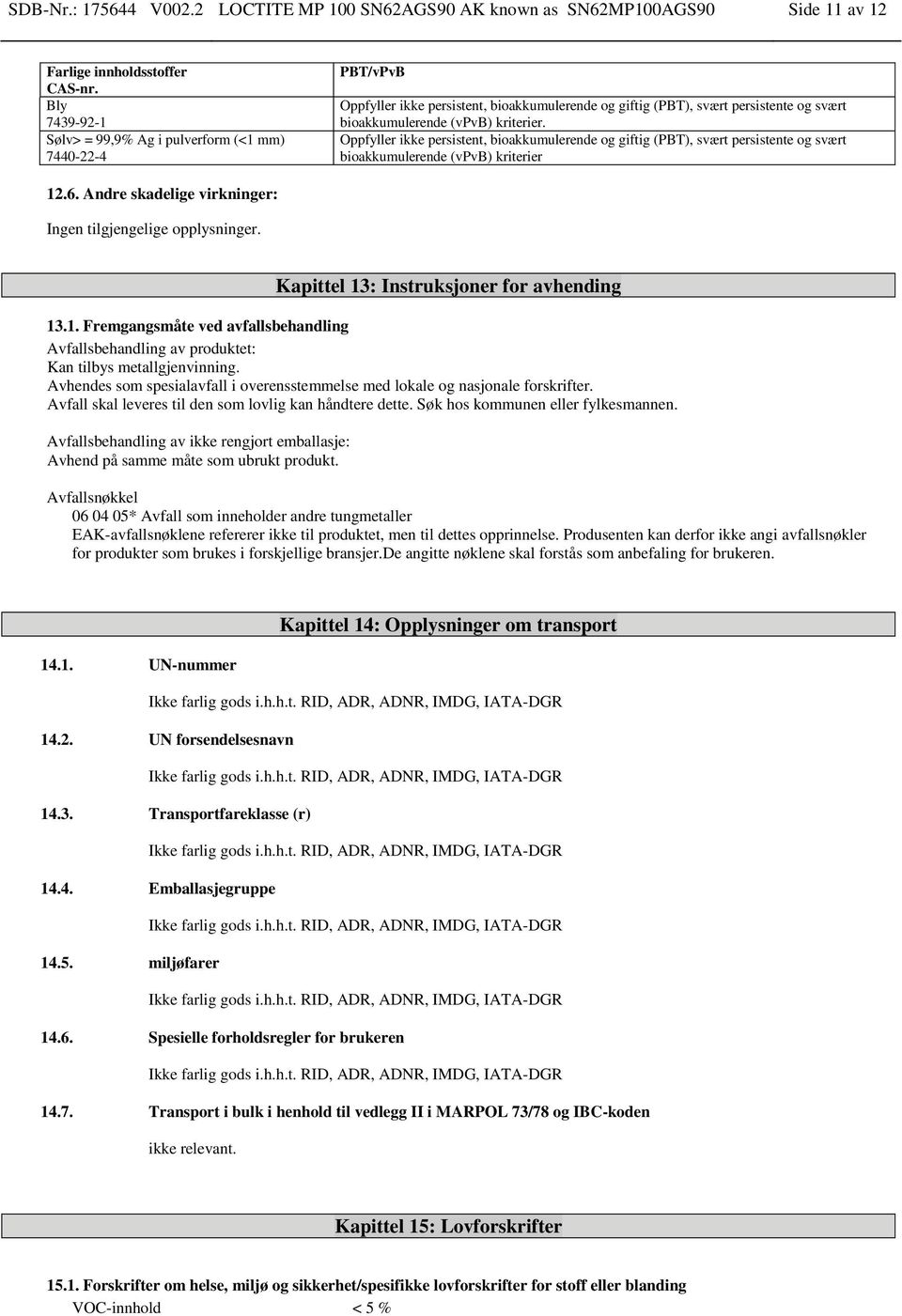 persistente og svært bioakkumulerende (vpvb) kriterier. Oppfyller ikke persistent, bioakkumulerende og giftig (PBT), svært persistente og svært bioakkumulerende (vpvb) kriterier 12.6.