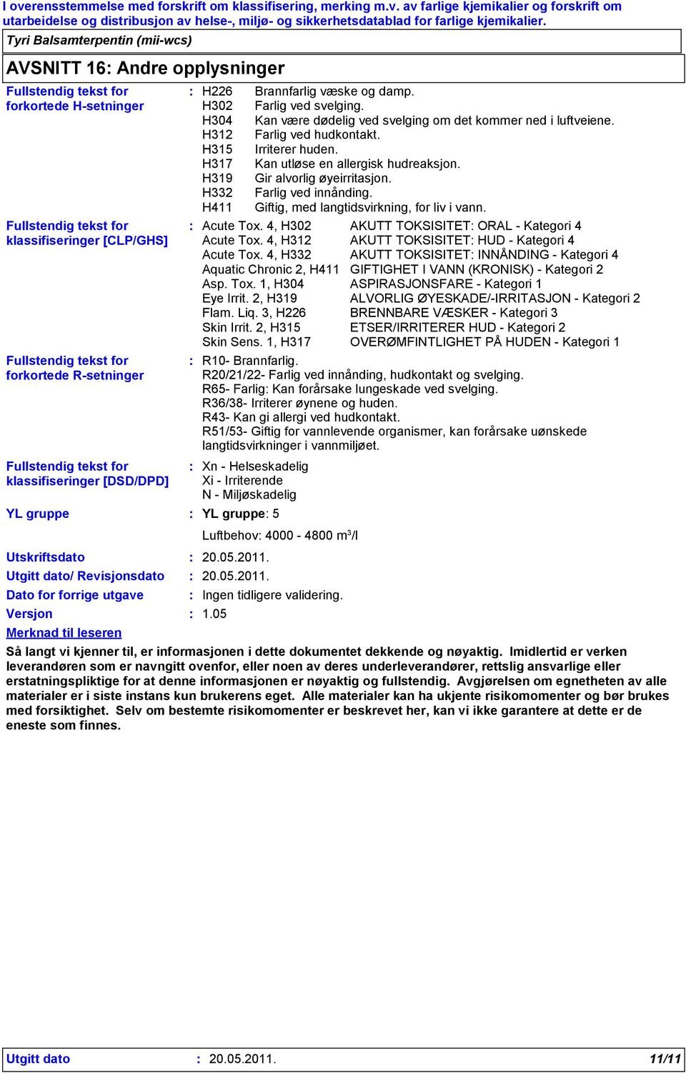 H304 Kan være dødelig ved svelging om det kommer ned i luftveiene. H312 Farlig ved hudkontakt. H315 Irriterer huden. H317 Kan utløse en allergisk hudreaksjon. H319 Gir alvorlig øyeirritasjon.