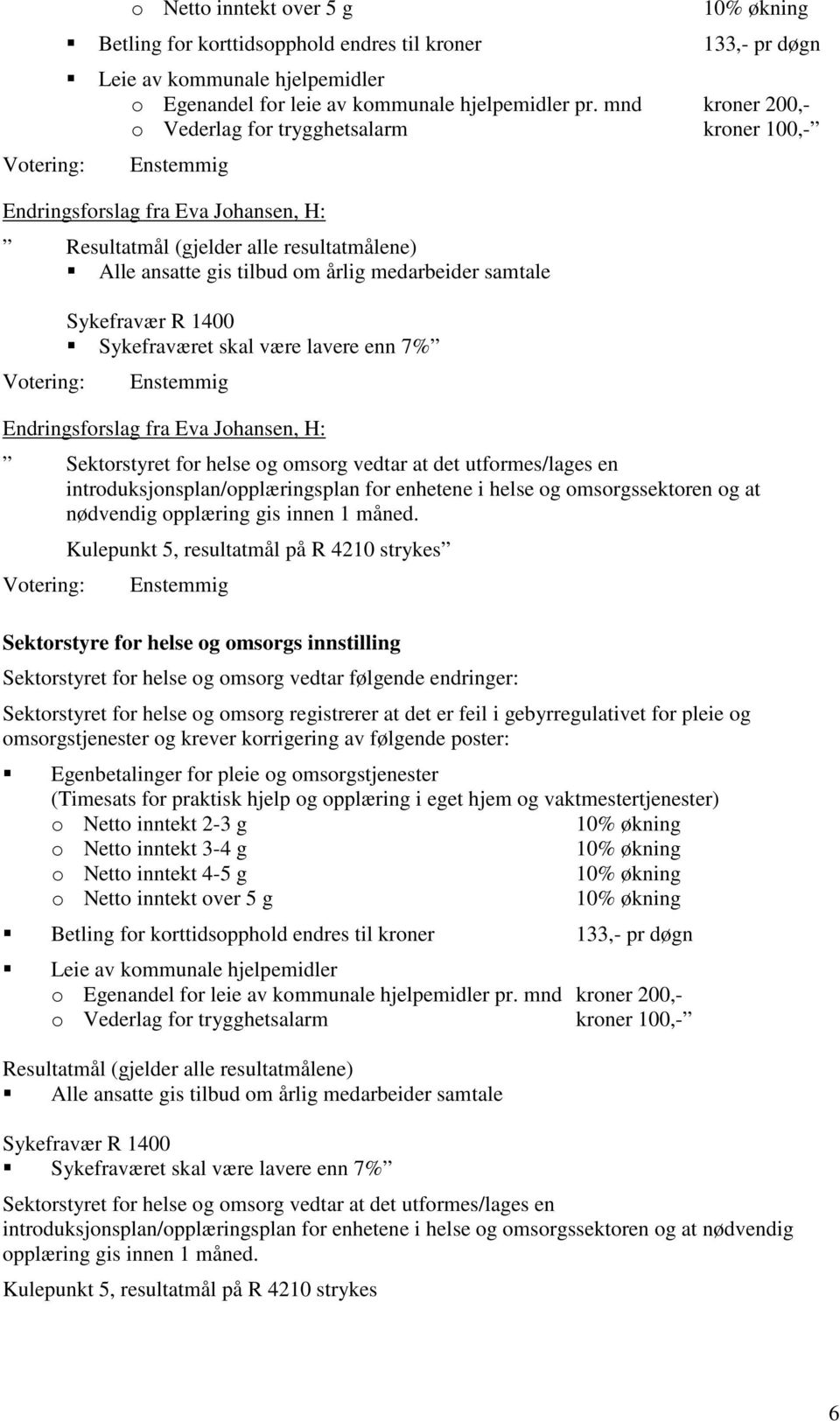 Sykefravær R 1400 Sykefraværet skal være lavere enn 7% Endringsforslag fra Eva Johansen, H: Sektorstyret for helse og omsorg vedtar at det utformes/lages en introduksjonsplan/opplæringsplan for