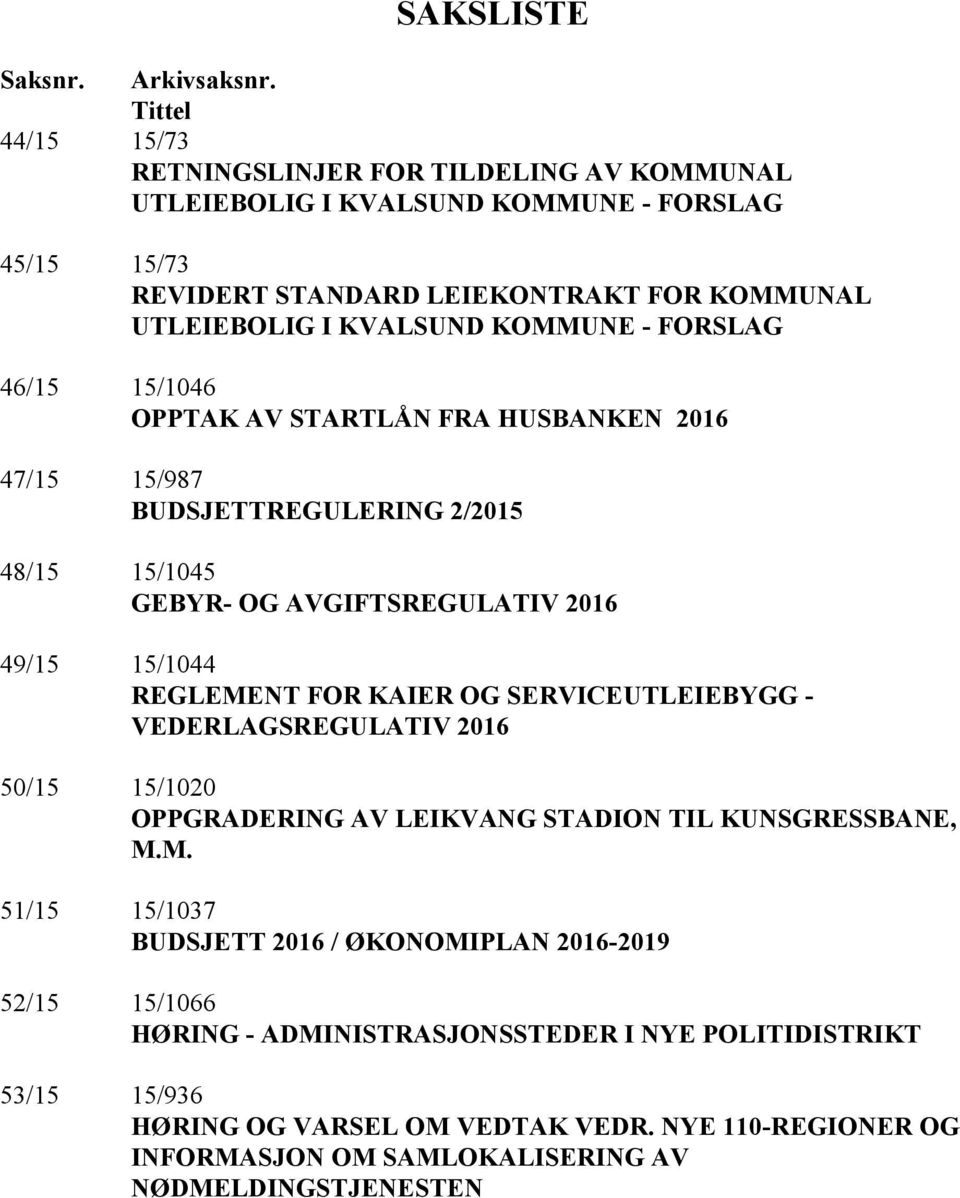 - FORSLAG 46/15 15/1046 OPPTAK AV STARTLÅN FRA HUSBANKEN 2016 47/15 15/987 BUDSJETTREGULERING 2/2015 48/15 15/1045 GEBYR- OG AVGIFTSREGULATIV 2016 49/15 15/1044 REGLEMENT FOR KAIER OG