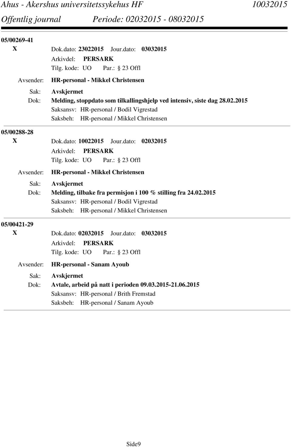 dato: 10022015 Jour.dato: 02032015 Melding, tilbake fra permisjon i 100 % stilling fra 24.02.2015 05/00421-29 X Dok.