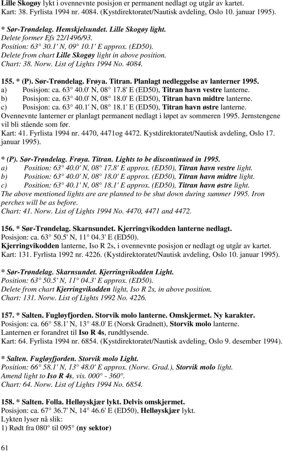 List of Lights 1994 No. 4084. 155. * (P). Sør-Trøndelag. Frøya. Titran. Planlagt nedleggelse av lanterner 1995. a) Posisjon: ca. 63 40.0' N, 08 17.8' E (ED50), Titran havn vestre lanterne.