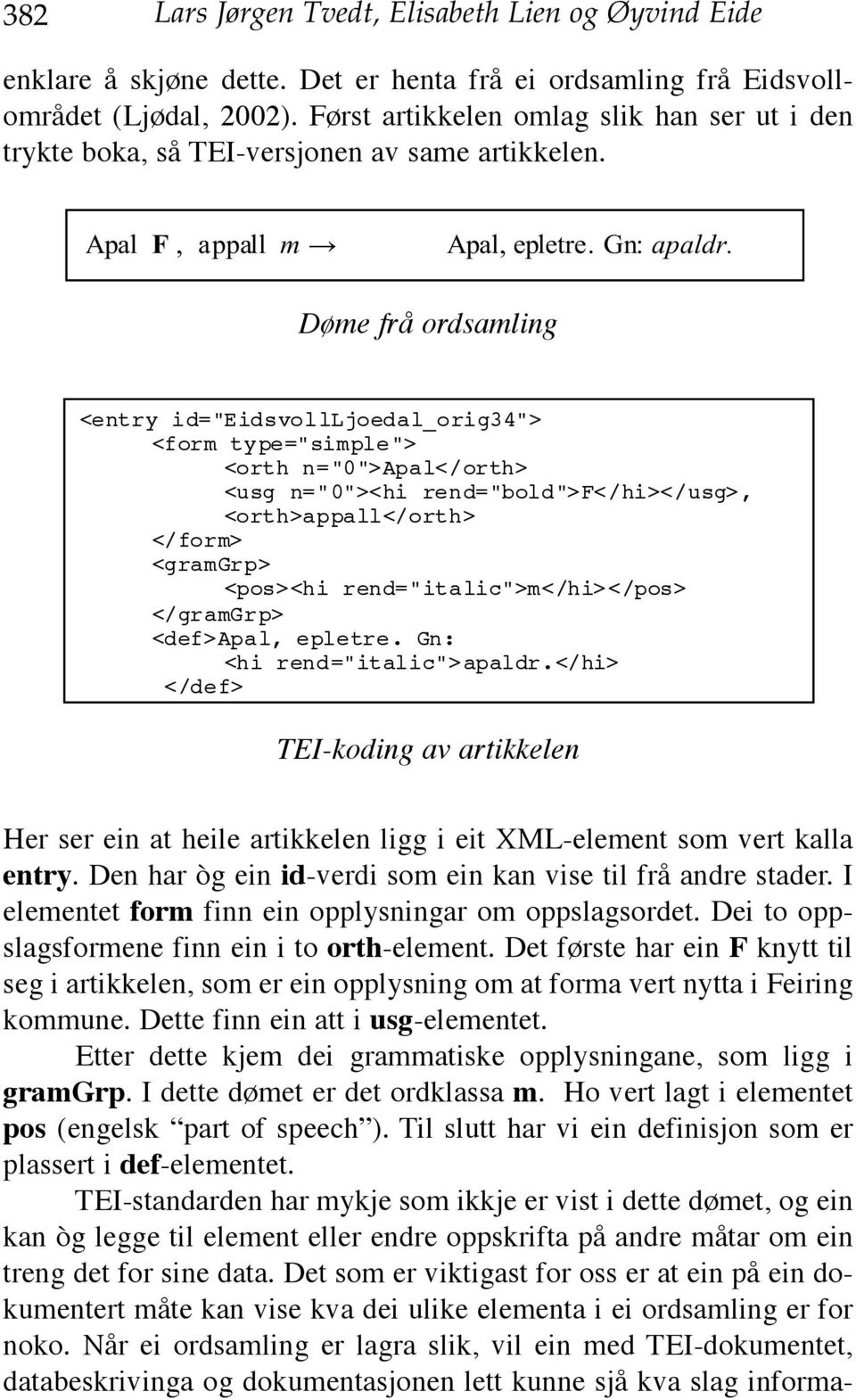 Døme frå ordsamling <entry id="eidsvollljoedal_orig34"> <form type="simple"> <orth n="0">apal</orth> <usg n="0"><hi rend="bold">f</hi></usg>, <orth>appall</orth> </form> <gramgrp> <pos><hi