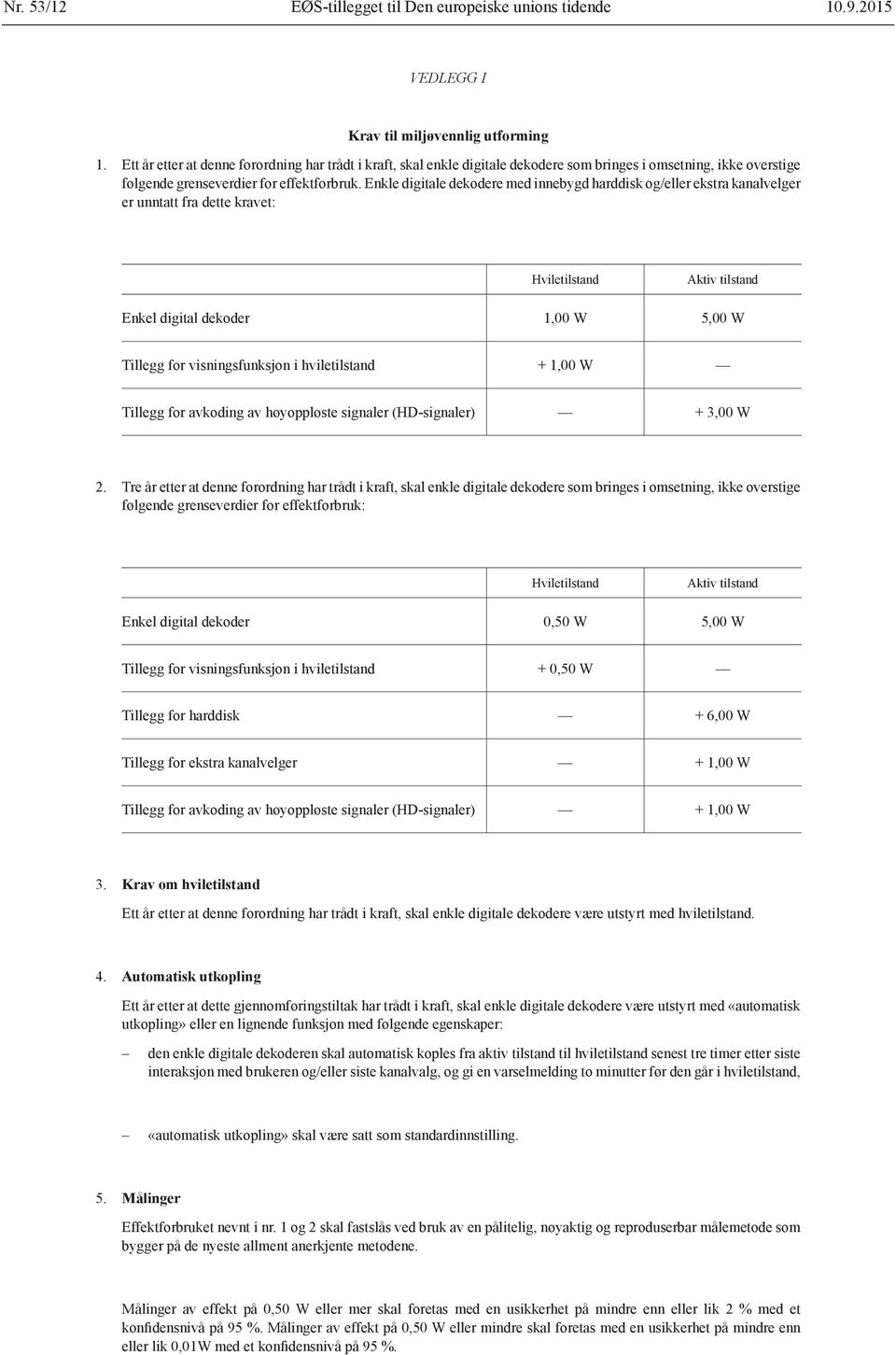 Enkle digitale dekodere med innebygd harddisk og/eller ekstra kanalvelger er unntatt fra dette kravet: Hviletilstand Aktiv tilstand Enkel digital dekoder 1,00 W 5,00 W Tillegg for visningsfunksjon i