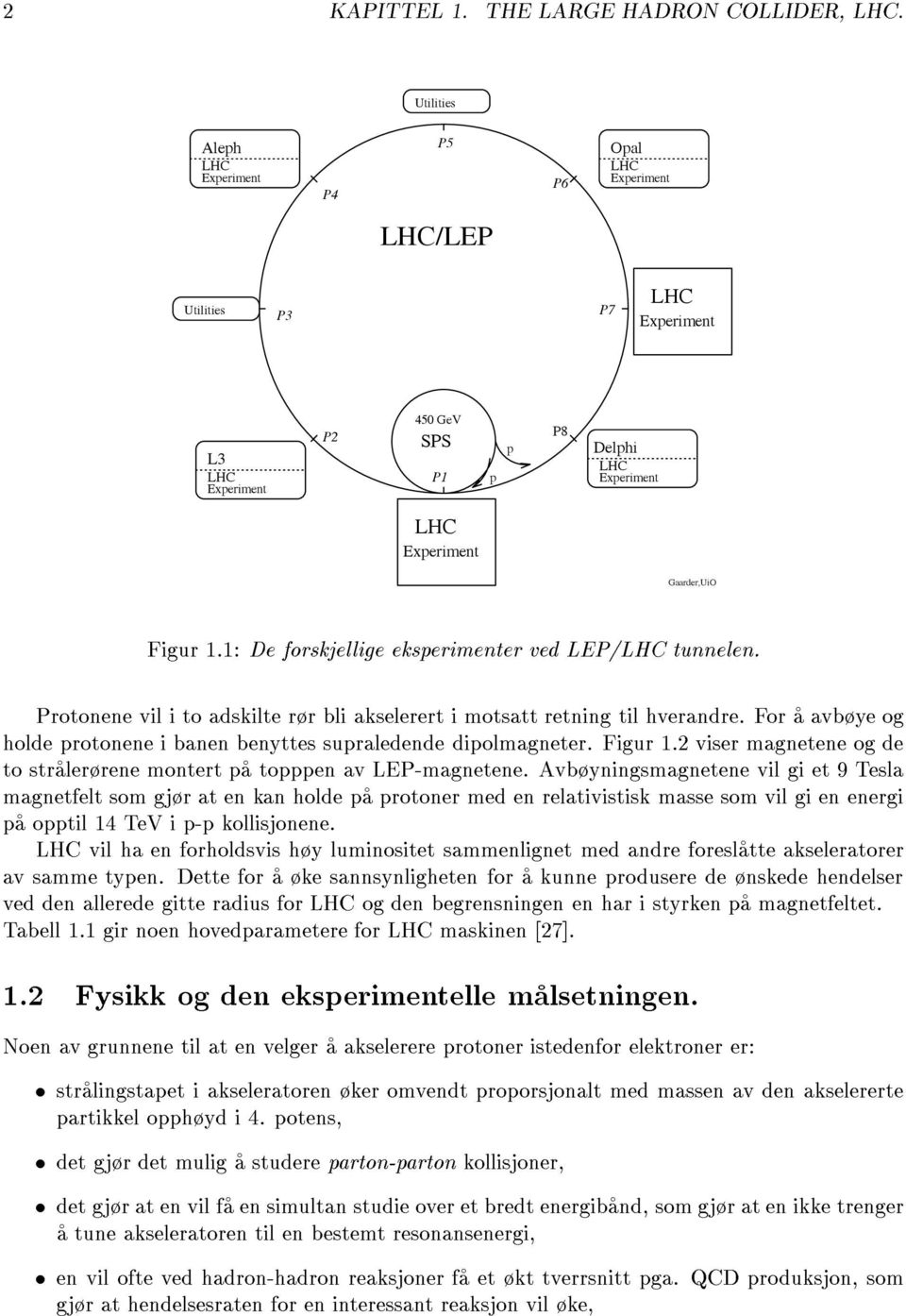 1: De forskjellige eksperimenter ved LEP/LHC tunnelen. Protonene vil i to adskilte rr bli akselerert i motsatt retning til hverandre.