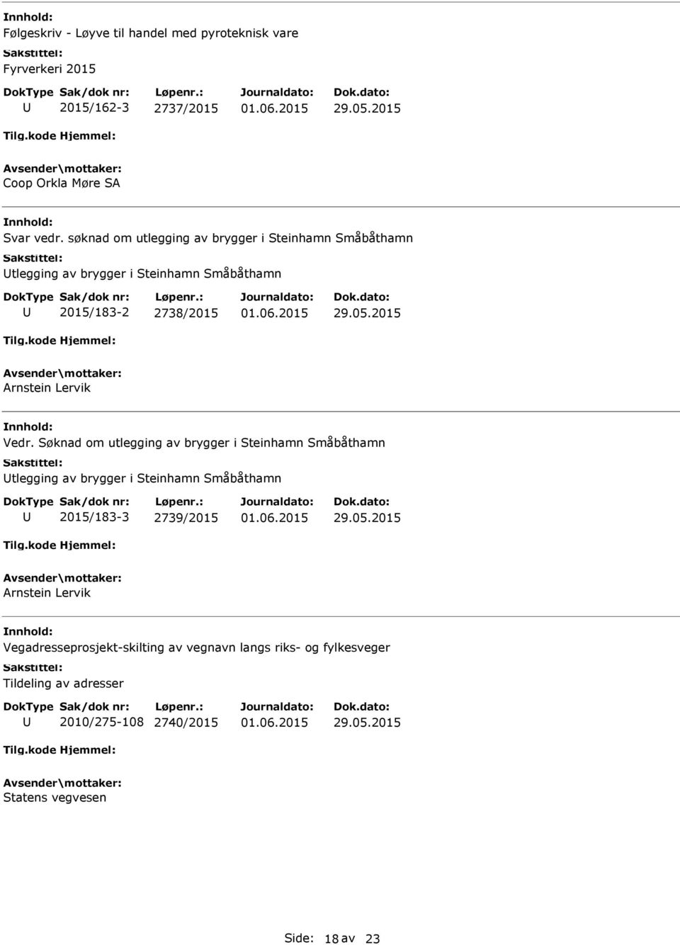 Vedr. Søknad om utlegging av brygger i Steinhamn Småbåthamn tlegging av brygger i Steinhamn Småbåthamn 2015/183-3 2739/2015 Arnstein