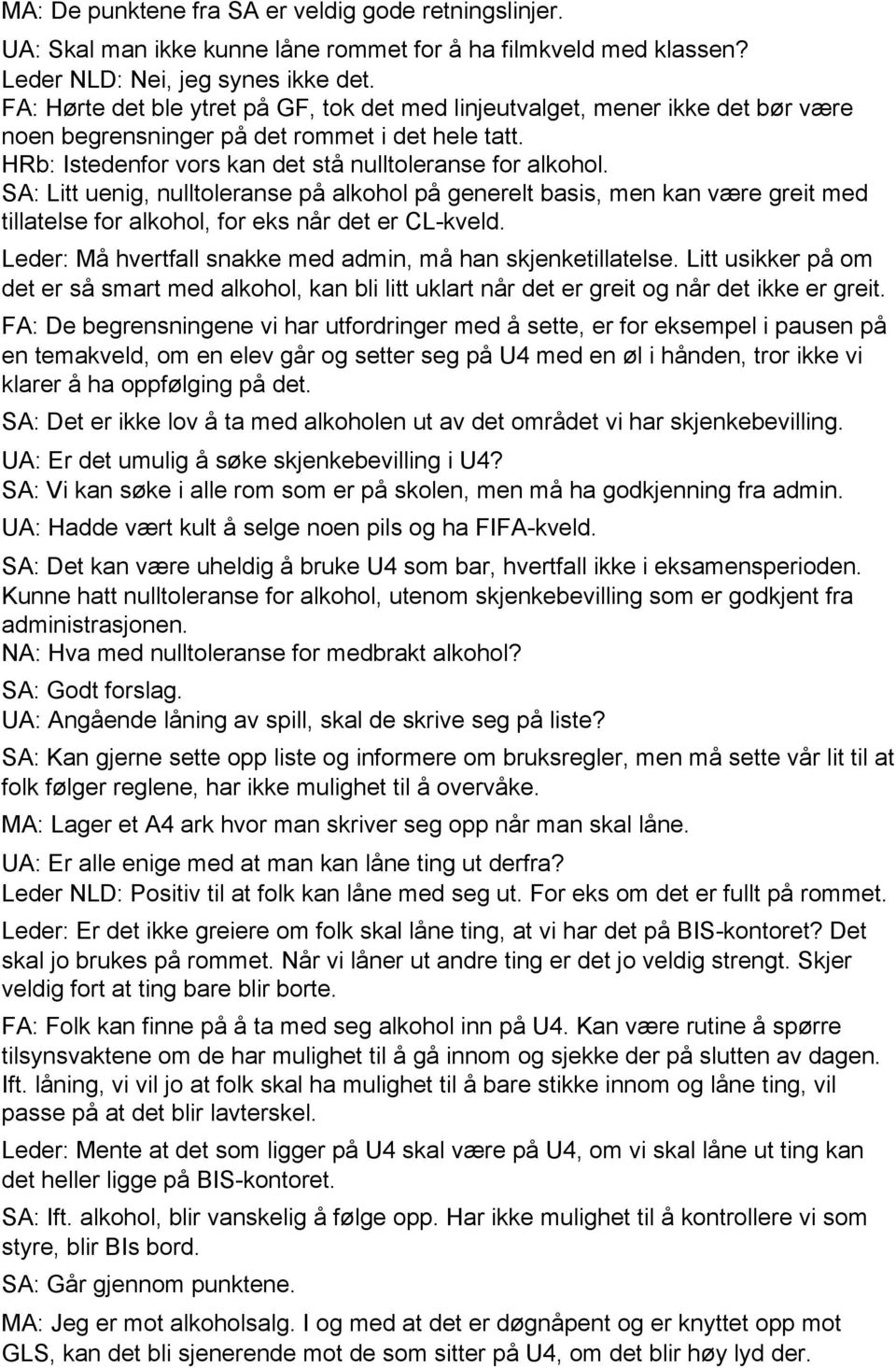 SA: Litt uenig, nulltoleranse på alkohol på generelt basis, men kan være greit med tillatelse for alkohol, for eks når det er CL kveld. Leder: Må hvertfall snakke med admin, må han skjenketillatelse.