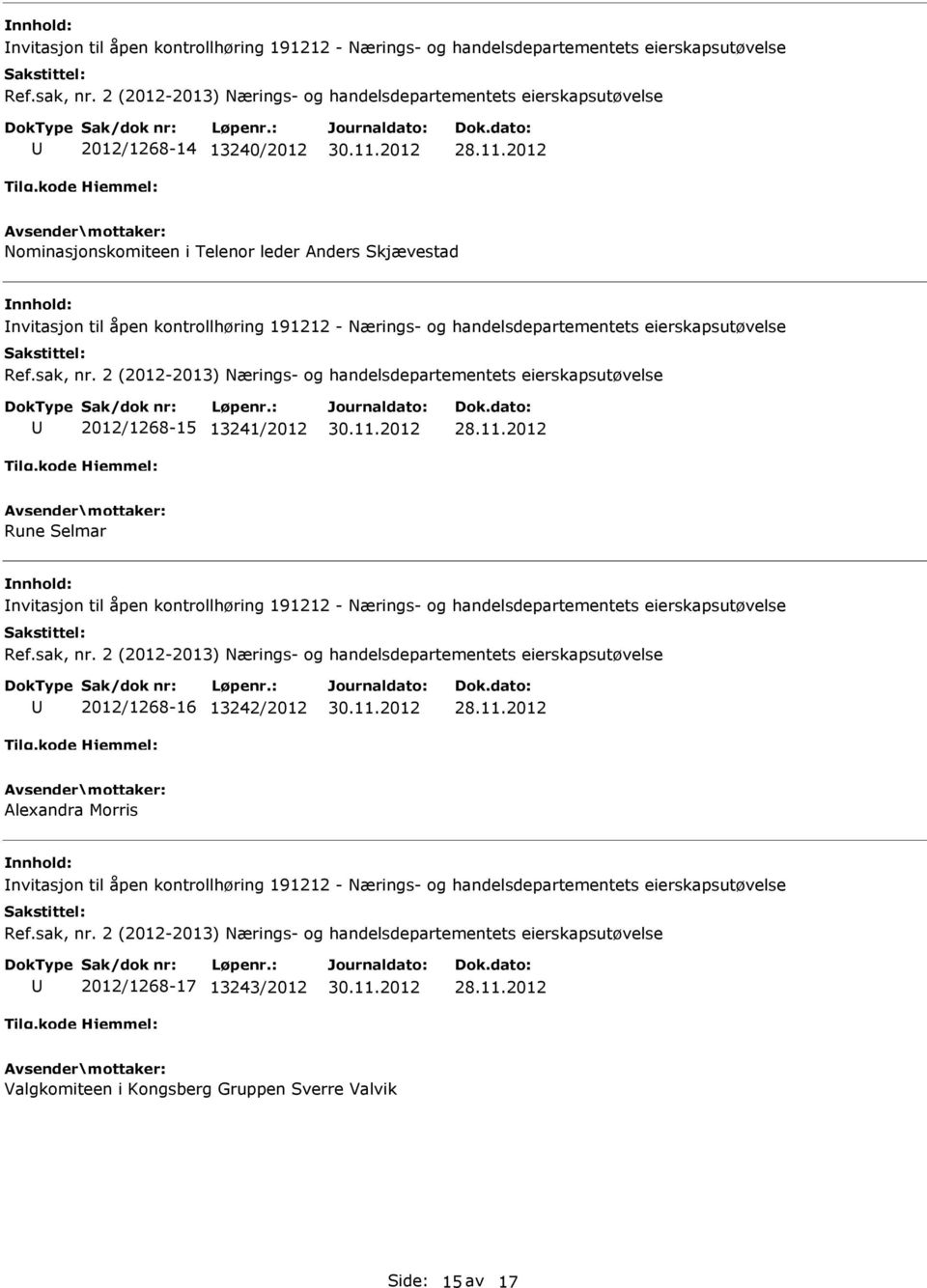 nvitasjon til åpen kontrollhøring 191212 - Nærings- og handelsdepartementets eierskapsutøvelse 2012/1268-16 13242/2012 Alexandra Morris nvitasjon til åpen