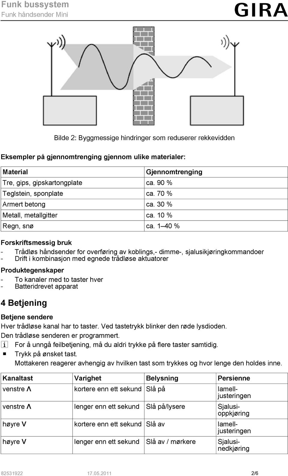 1 40 % Forskriftsmessig bruk - Trådløs håndsender for overføring av koblings,- dimme-, sjalusikjøringkommandoer - Drift i kombinasjon med egnede trådløse aktuatorer Produktegenskaper - To kanaler med