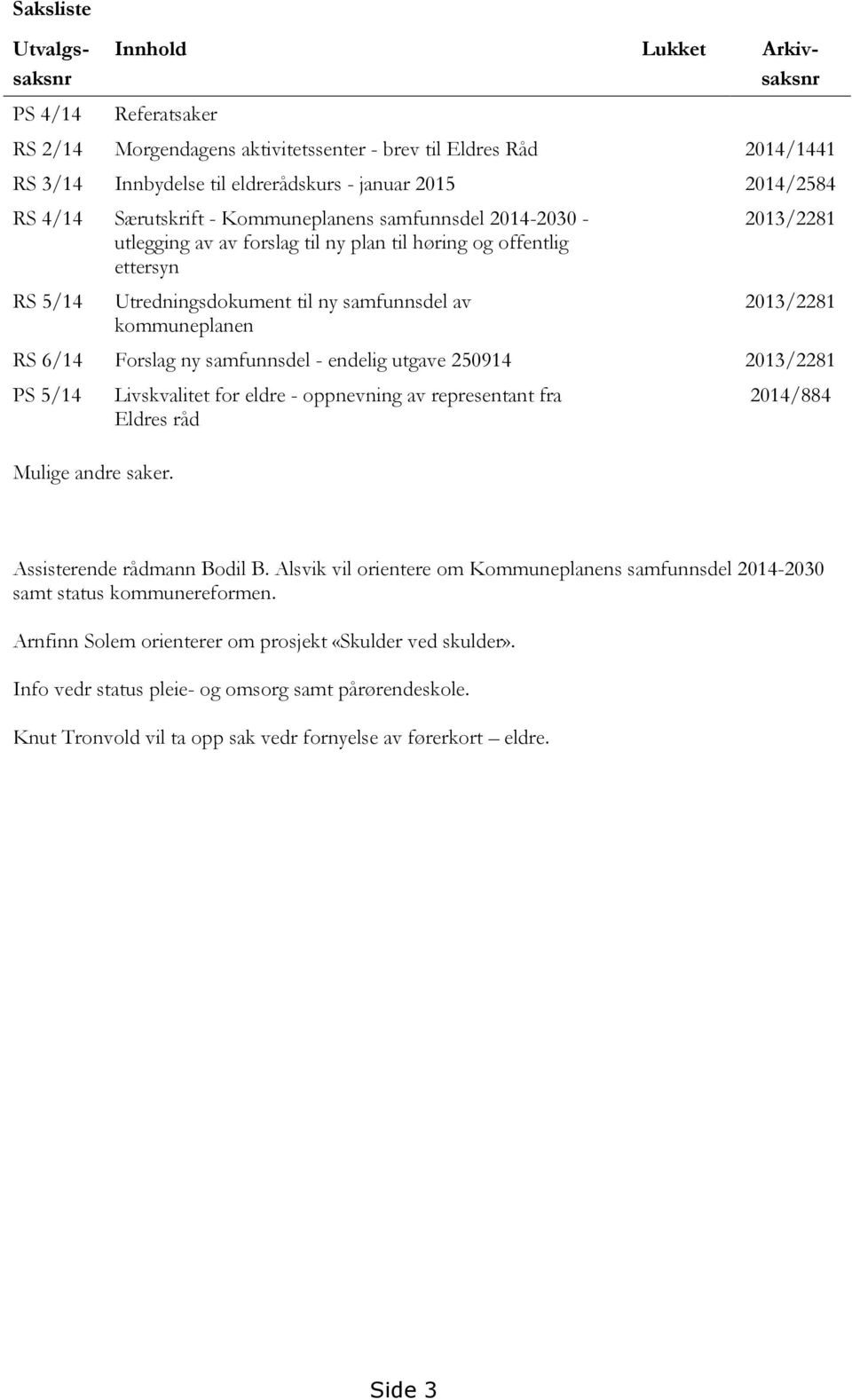 kommuneplanen 2013/2281 2013/2281 RS 6/14 Forslag ny samfunnsdel - endelig utgave 250914 2013/2281 PS 5/14 Mulige andre saker.