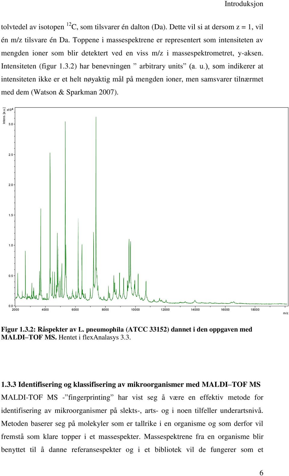 2) har benevningen arbitrary units (a. u.), som indikerer at intensiteten ikke er et helt nøyaktig mål på mengden ioner, men samsvarer tilnærmet med dem (Watson & Sparkman 2007). x10 4 3.0 2.5 2.0 1.