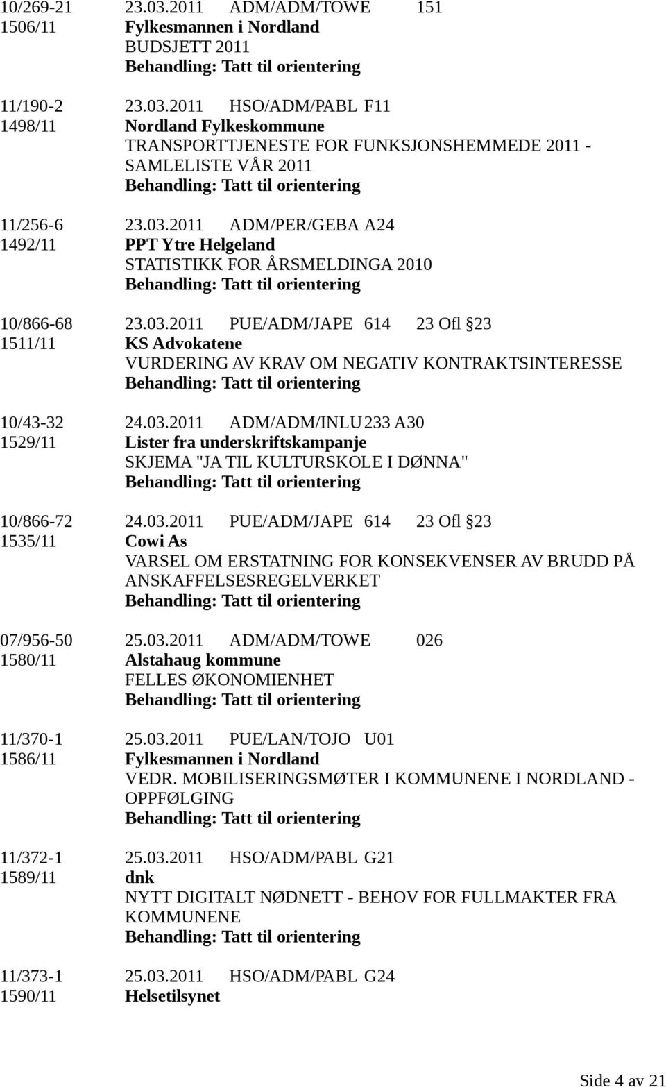 03.2011 ADM/ADM/INLU233 A30 1529/11 Lister fra underskriftskampanje SKJEMA "JA TIL KULTURSKOLE I DØNNA" 10/866-72 24.03.2011 PUE/ADM/JAPE 614 23 Ofl 23 1535/11 Cowi As VARSEL OM ERSTATNING FOR KONSEKVENSER AV BRUDD PÅ ANSKAFFELSESREGELVERKET 07/956-50 25.