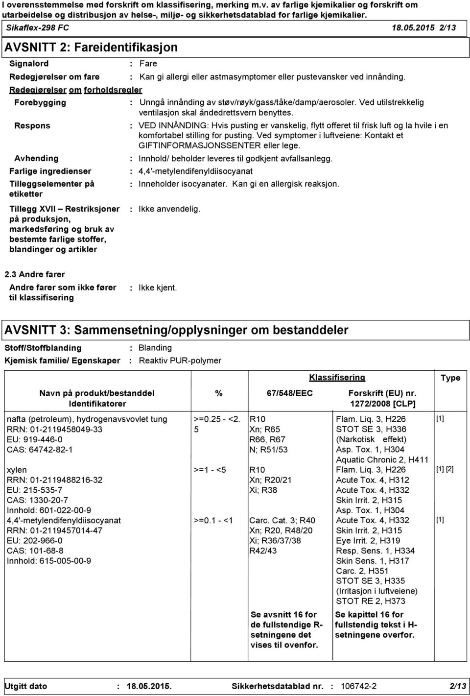 Restriksjoner på produksjon, markedsføring og bruk av bestemte farlige stoffer, blandinger og artikler Fare Kan gi allergi eller astmasymptomer eller pustevansker ved innånding.