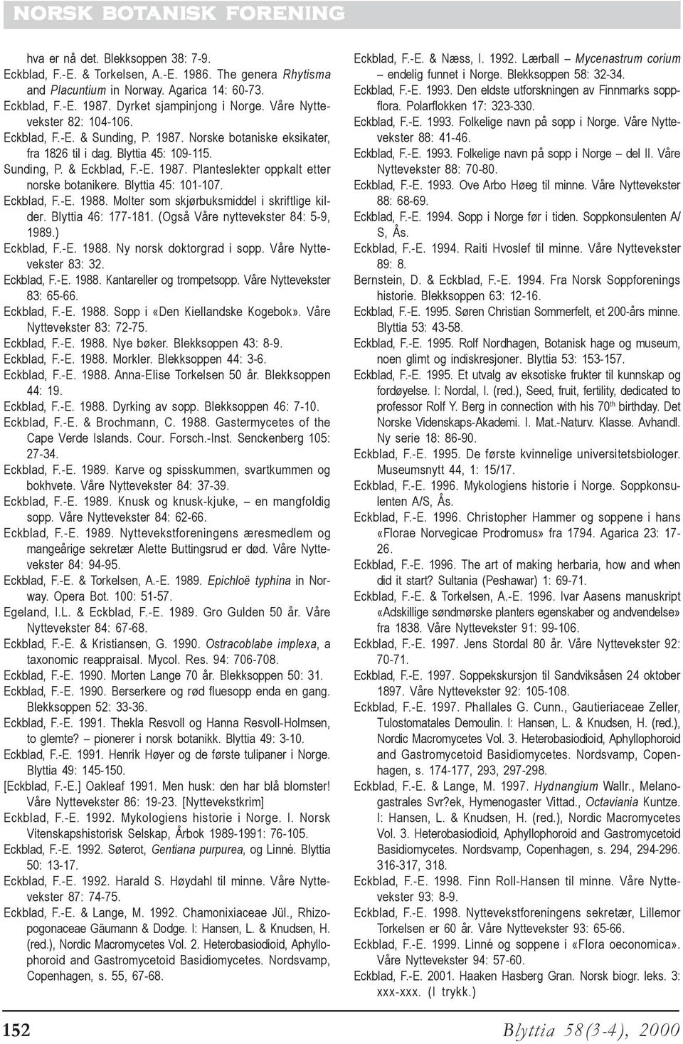 Blyttia 45: 101-107. Eckblad, F.-E. 1988. Molter som skjørbuksmiddel i skriftlige kilder. Blyttia 46: 177-181. (Også Våre nyttevekster 84: 5-9, 1989.) Eckblad, F.-E. 1988. Ny norsk doktorgrad i sopp.