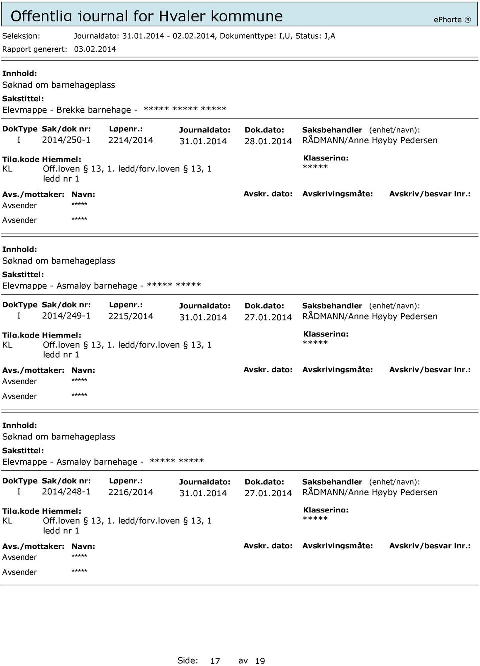 /249-1 2215/2014 27.01.2014 RÅDMANN/Anne Høyby edersen KL Off./248-1 2216/2014 27.01.2014 RÅDMANN/Anne Høyby edersen KL Off.loven 13, 1. ledd/forv.