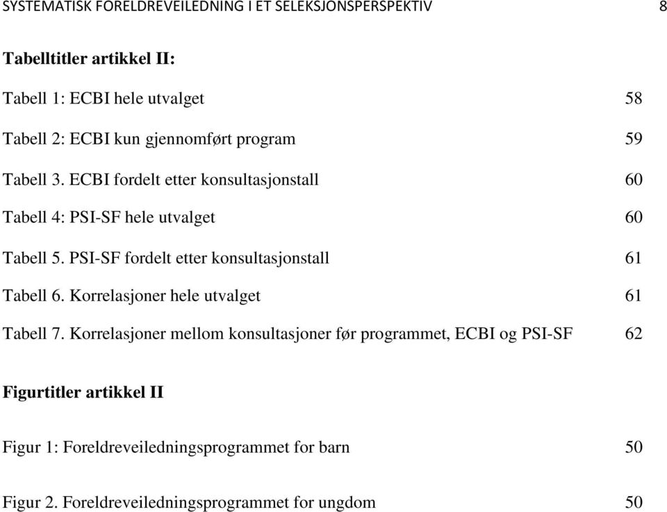 PSI-SF fordelt etter konsultasjonstall 61 Tabell 6. Korrelasjoner hele utvalget 61 Tabell 7.