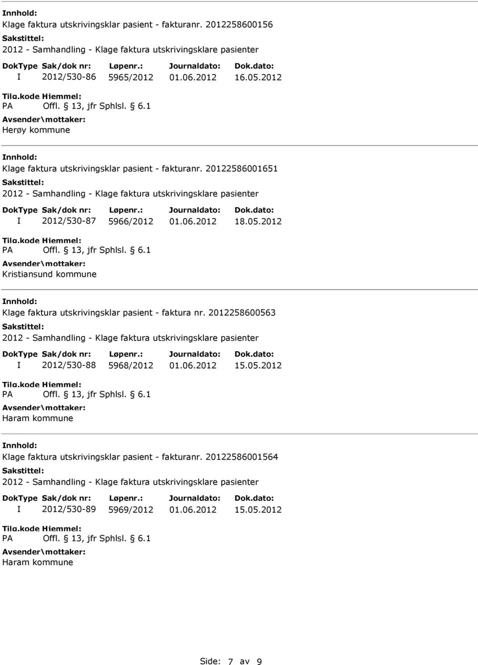 05.2012 nnhold: Klage faktura utskrivingsklar pasient - faktura nr. 2012258600563 2012/530-88 5968/2012 Haram kommune 15.05.2012 nnhold: Klage faktura utskrivingsklar pasient - fakturanr.