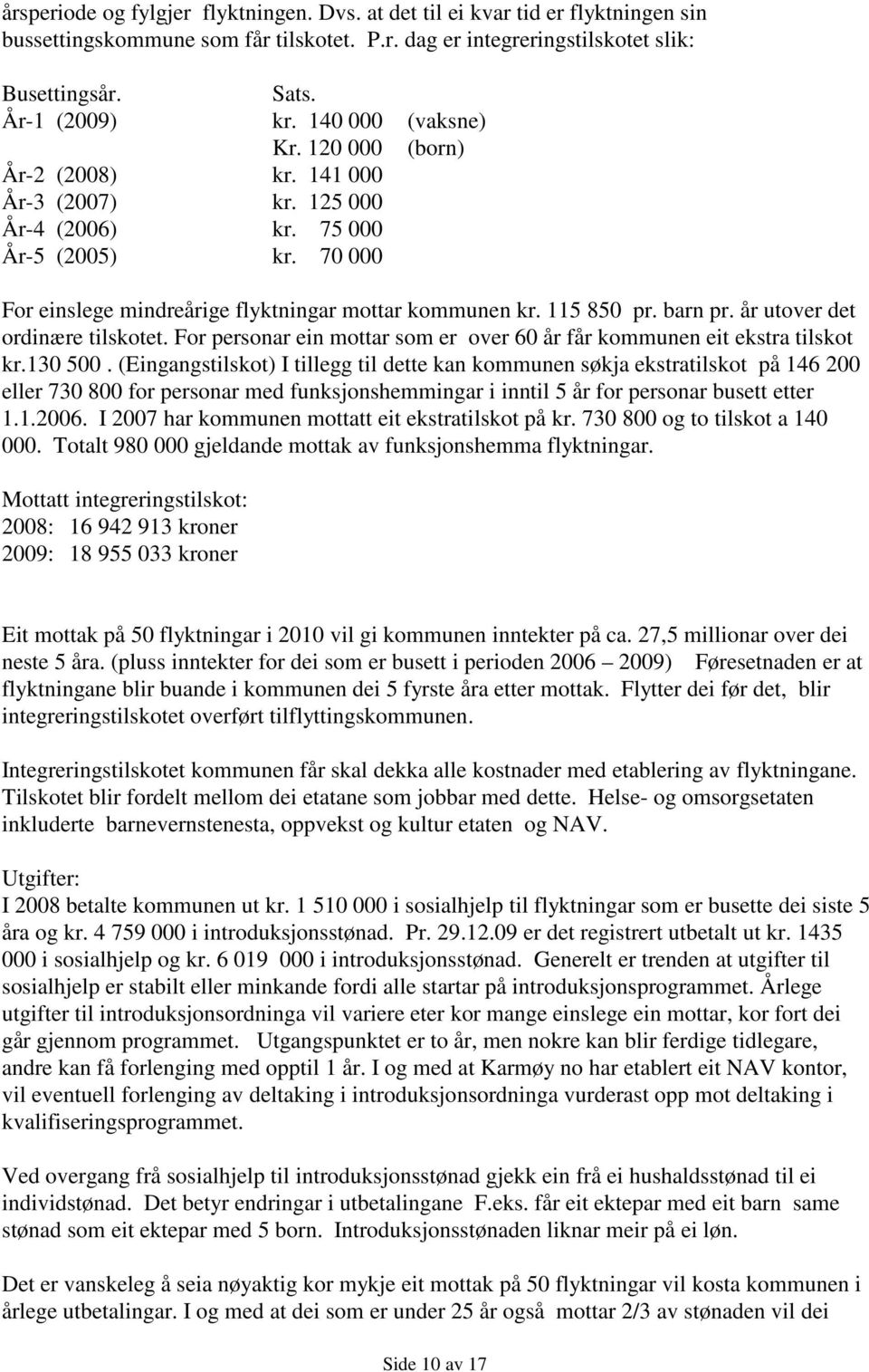 barn pr. år utover det ordinære tilskotet. For personar ein mottar som er over 60 år får kommunen eit ekstra tilskot kr.130 500.