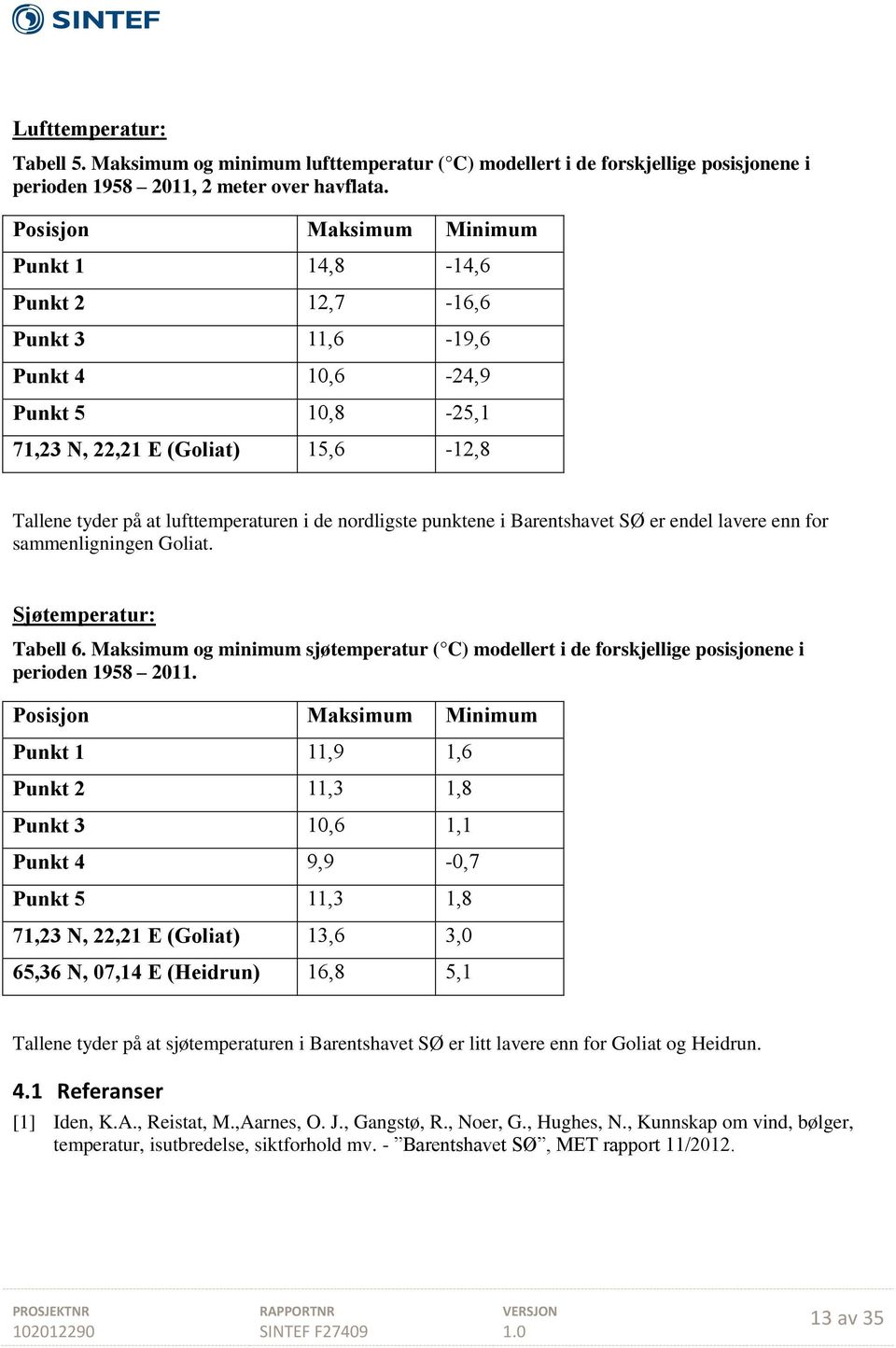 nordligste punktene i Barentshavet SØ er endel lavere enn for sammenligningen Goliat. Sjøtemperatur: Tabell 6.