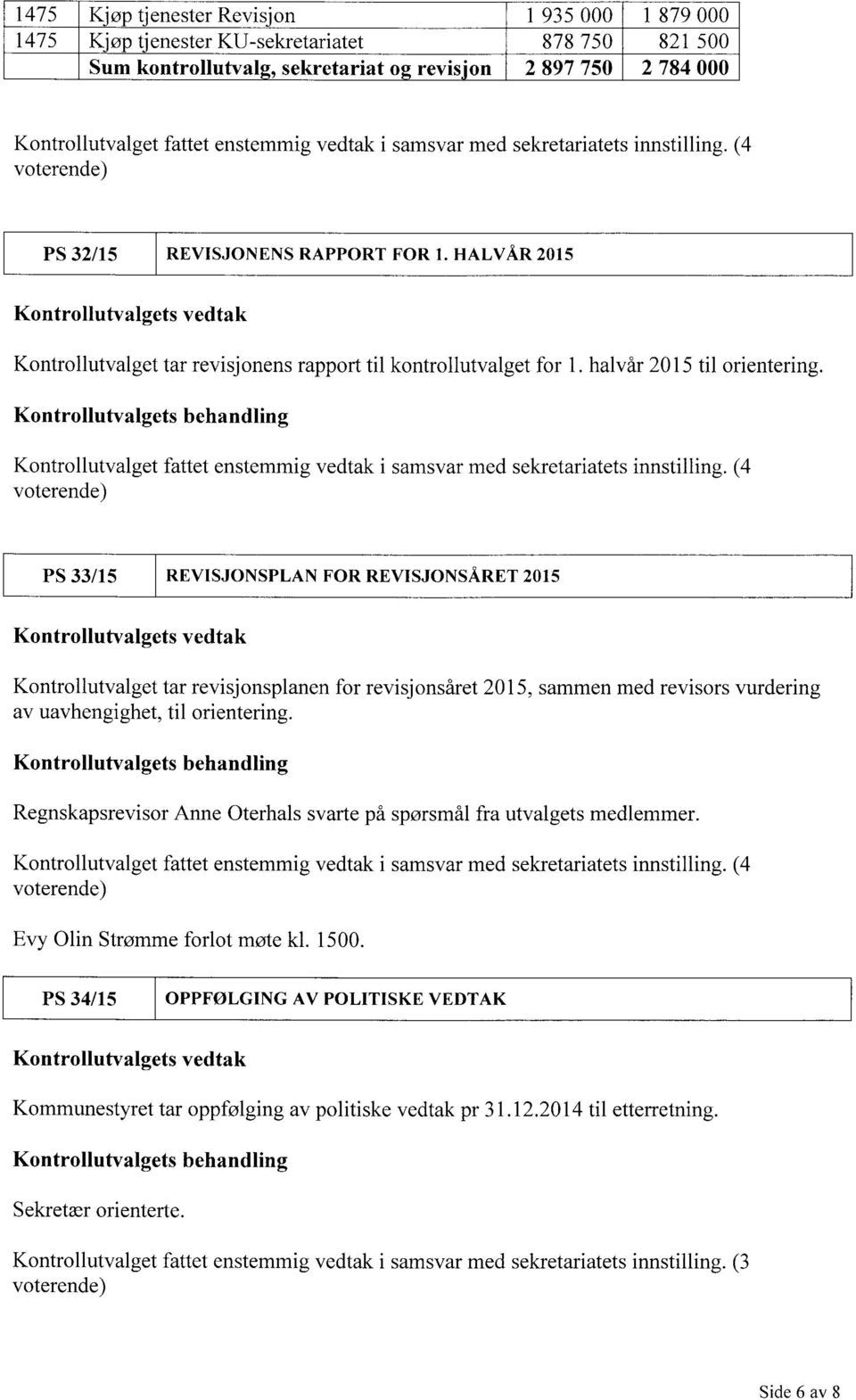 HALVÅR 2015 Kontrollutvalgets vedtak Kontrollutvalget tar revisj onens rapport til kontrollutvalget for 1. halvår 2015 til orientering.