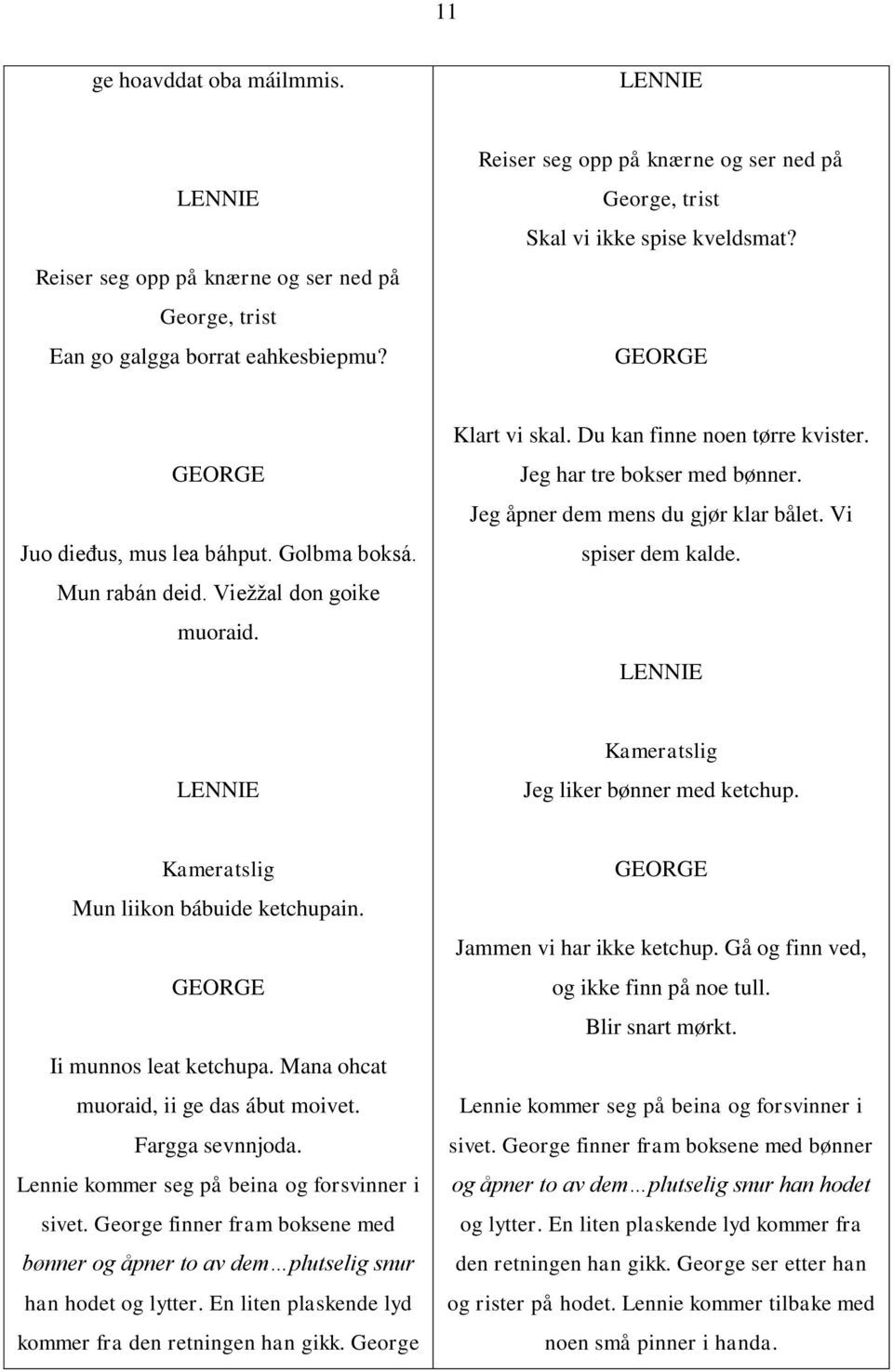 Jeg åpner dem mens du gjør klar bålet. Vi spiser dem kalde. Kameratslig Jeg liker bønner med ketchup. Kameratslig Mun liikon bábuide ketchupain. Ii munnos leat ketchupa.