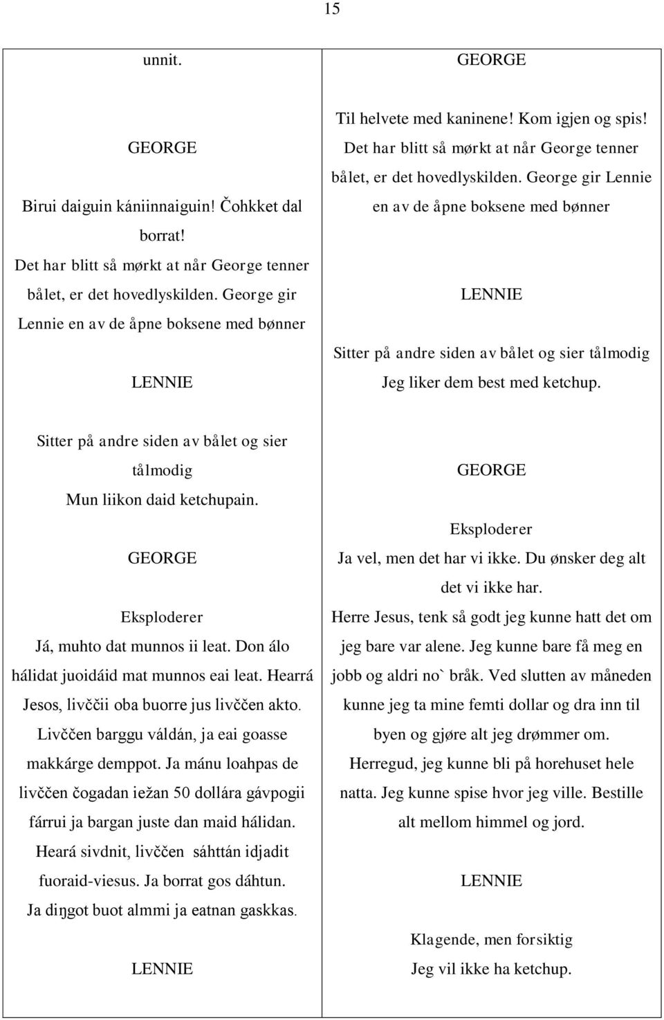 George gir Lennie en av de åpne boksene med bønner Sitter på andre siden av bålet og sier tålmodig Jeg liker dem best med ketchup.