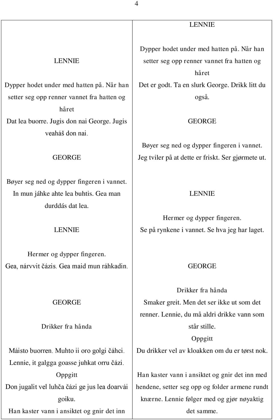 Gea man durddás dat lea. Hermer og dypper fingeren. Se på rynkene i vannet. Se hva jeg har laget. Hermer og dypper fingeren. Gea, nárvvit čázis. Gea maid mun ráhkadin.