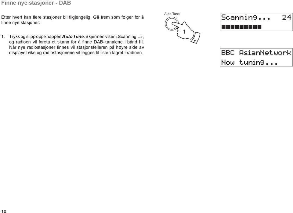 Skjermen viser «Scanning...», og radioen vil foreta et skann for å fi nne DAB-kanalene i bånd III.
