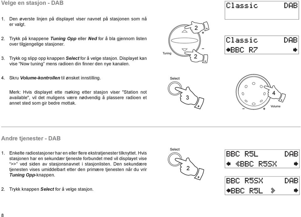Merk: Hvis displayet ette rsøking etter stasjon viser "Station not available", vil det muligens være nødvendig å plassere radioen et annet sted som gir bedre mottak. 3 4 Andre tjenester - DAB.