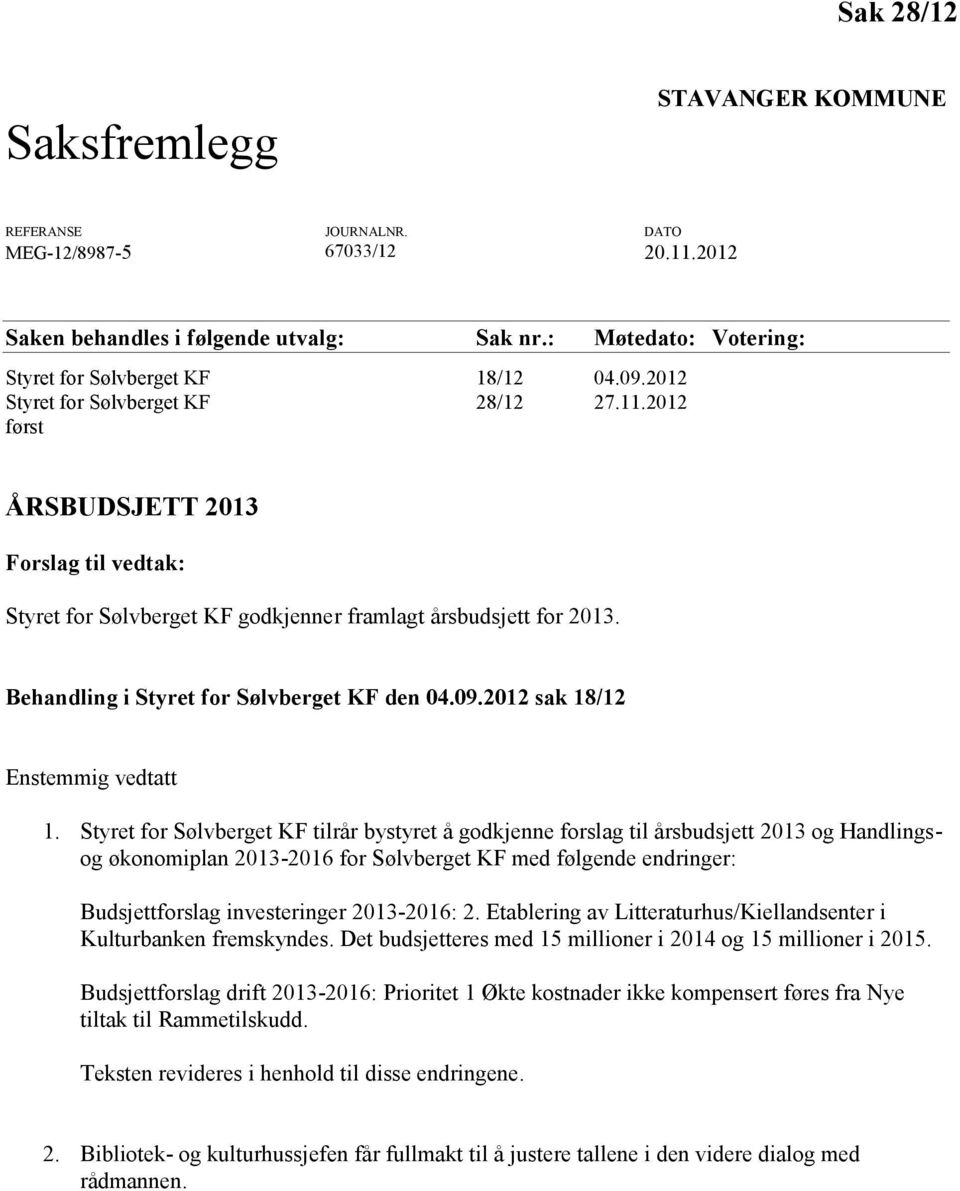 Behandling i Styret for Sølvberget KF den 04.09.2012 sak 18/12 Enstemmig vedtatt 1.