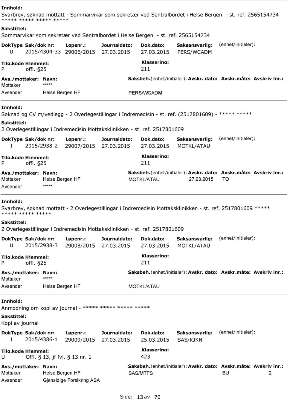 2565154734 2015/4304-33 29006/2015 ERS/WCADM ERS/WCADM Søknad og CV m/vedlegg - 2 Overlegestillingar i ndremedisin - st. ref.