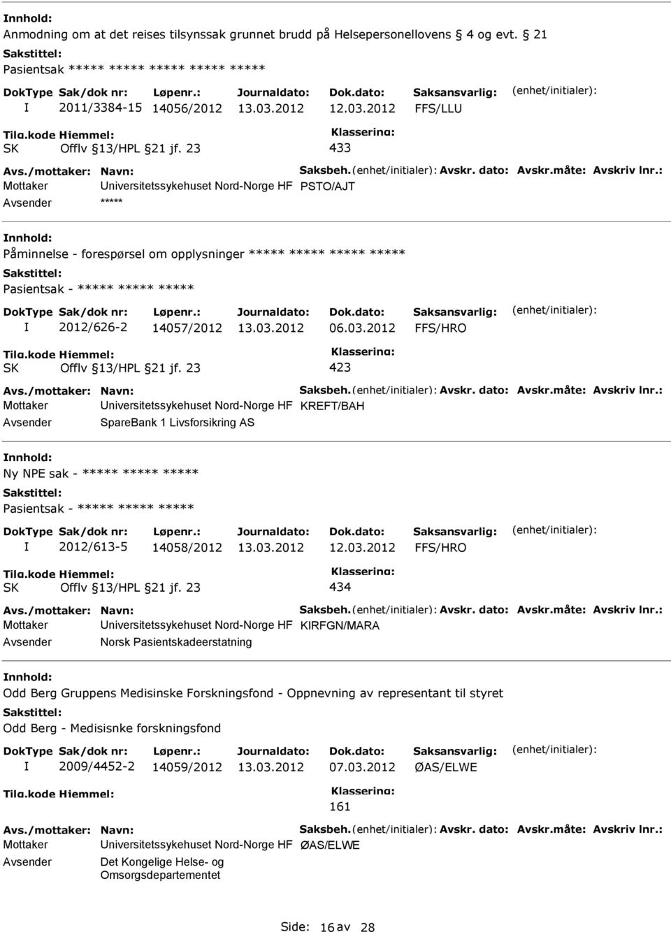 : Mottaker niversitetssykehuset Nord-Norge HF STO/AJT ***** åminnelse - forespørsel om opplysninger ***** ***** ***** ***** asientsak - ***** ***** ***** 2012/626-2 14057/2012 06.03.