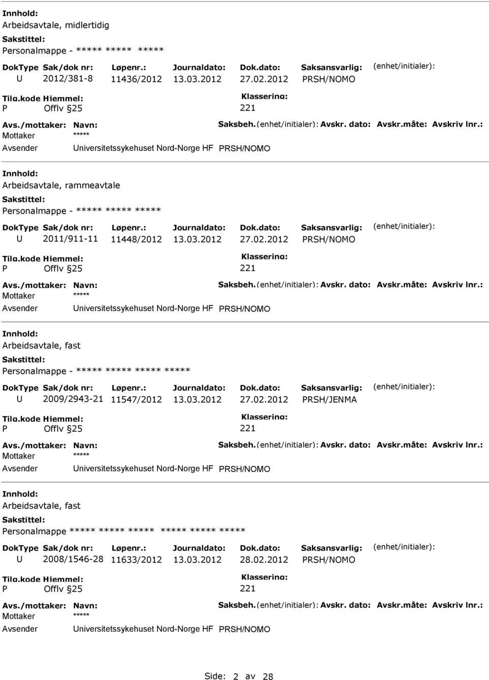 måte: Avskriv lnr.: niversitetssykehuset Nord-Norge HF RSH/NOMO Arbeidsavtale, fast ersonalmappe - ***** ***** ***** ***** 2009/2943-21 11547/2012 27.02.2012 RSH/JENMA Avs./mottaker: Navn: Saksbeh.