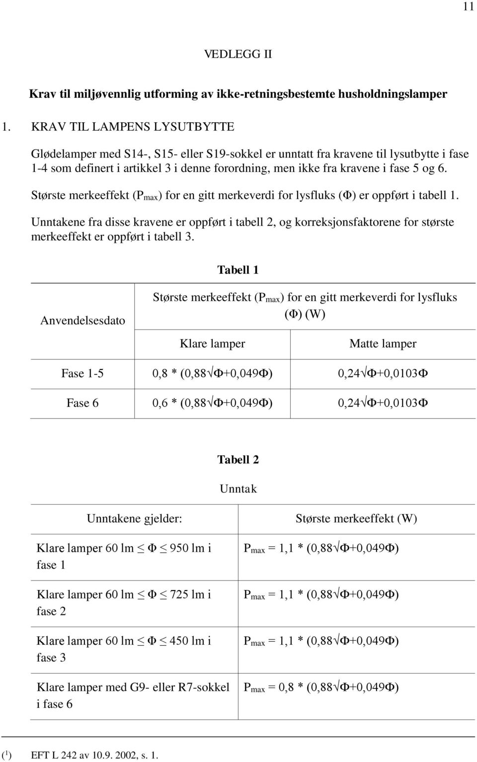 6. Største merkeeffekt (Pmax) for en gitt merkeverdi for lysfluks (Φ) er oppført i tabell 1.