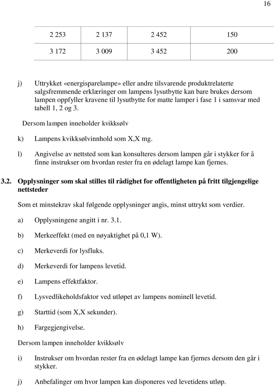 l) Angivelse av nettsted som kan konsulteres dersom lampen går i stykker for å finne instrukser om hvordan rester fra en ødelagt lampe kan fjernes. 3.2.