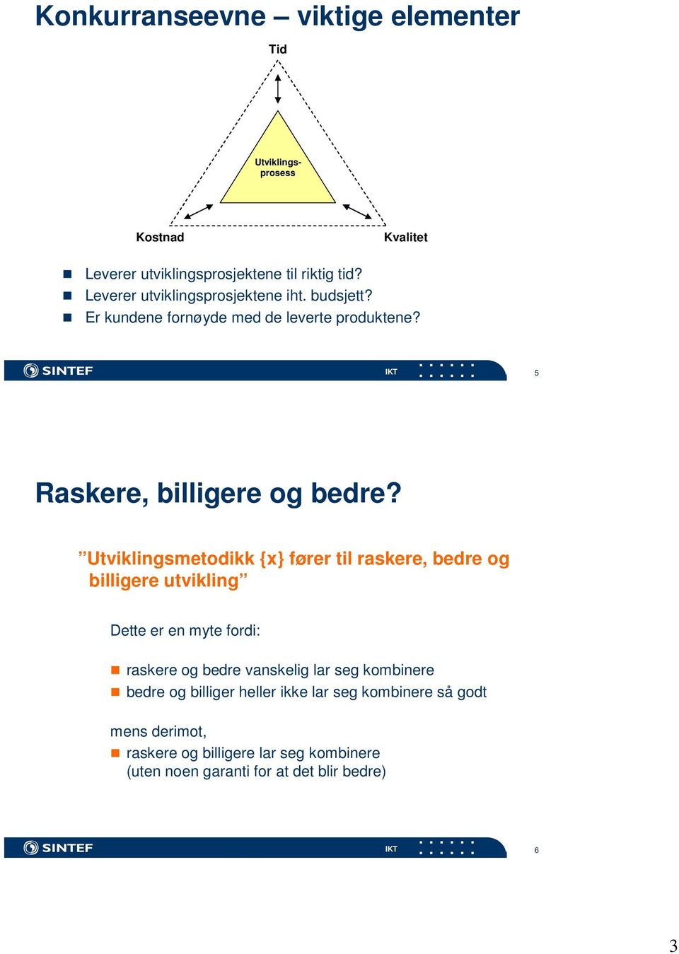 Utviklingsmetodikk {x} fører til raskere, bedre og billigere utvikling Dette er en myte fordi: raskere og bedre vanskelig lar seg