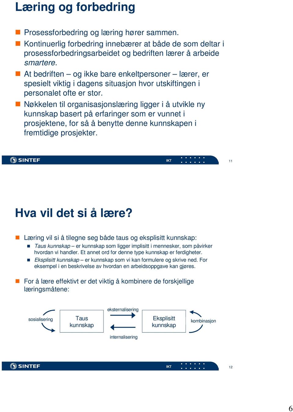 Nøkkelen til organisasjonslæring ligger i å utvikle ny kunnskap basert på erfaringer som er vunnet i prosjektene, for så å benytte denne kunnskapen i fremtidige prosjekter. 11 Hva vil det si å lære?