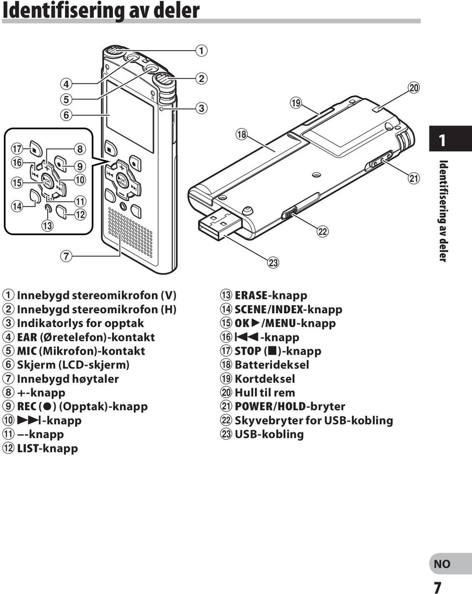 EAR (Øretelefon)-kontakt 5 MIC (Mikrofon)-kontakt 6 Skjerm (LCD-skjerm) 7 Innebygd høytaler 8 +-knapp 9 REC (s) (Opptak)-knapp 0