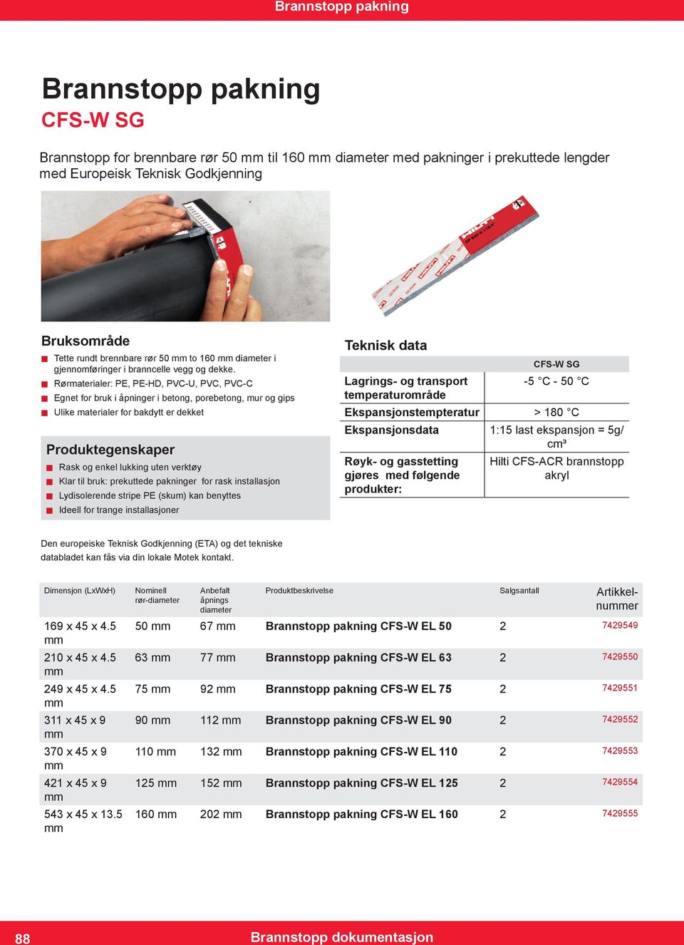 Rørmaterialer: PE, PE-HD, PVC-U, PVC, PVC-C Egnet for bruk i åpninger i betong, porebetong, mur og gips Ulike materialer for bakdytt er dekket Produktegenskaper Rask og enkel lukking uten verktøy