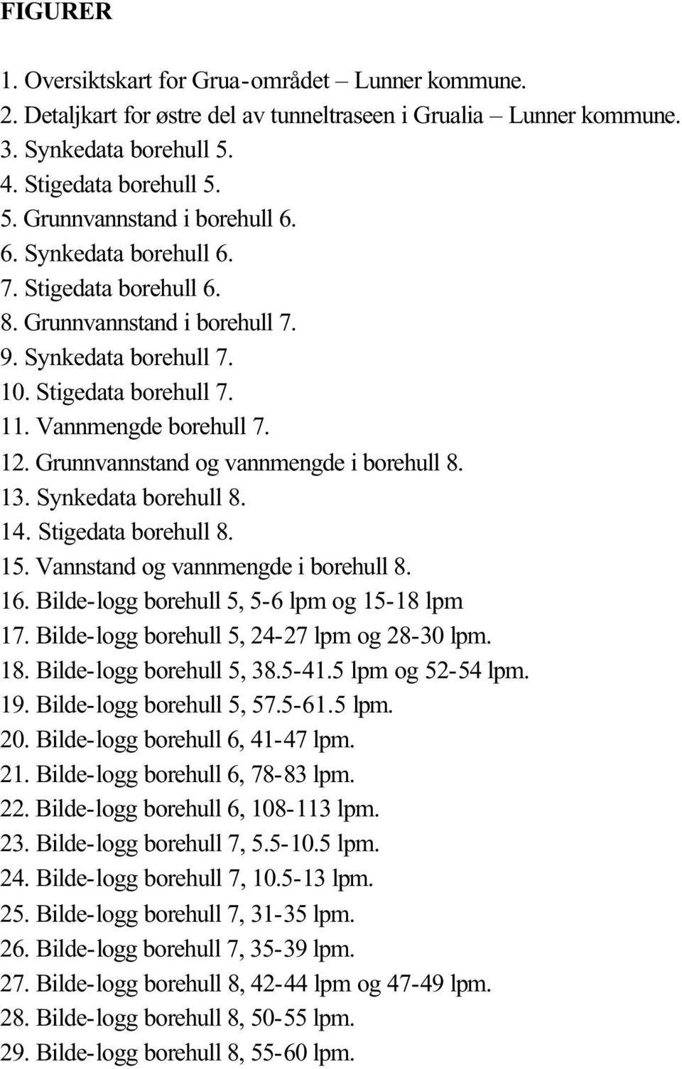 Grunnvannstand og vannmengde i borehull 8. 13. Synkedata borehull 8. 14. Stigedata borehull 8. 15. Vannstand og vannmengde i borehull 8. 16. Bilde-logg borehull 5, 5-6 lpm og 15-18 lpm 17.