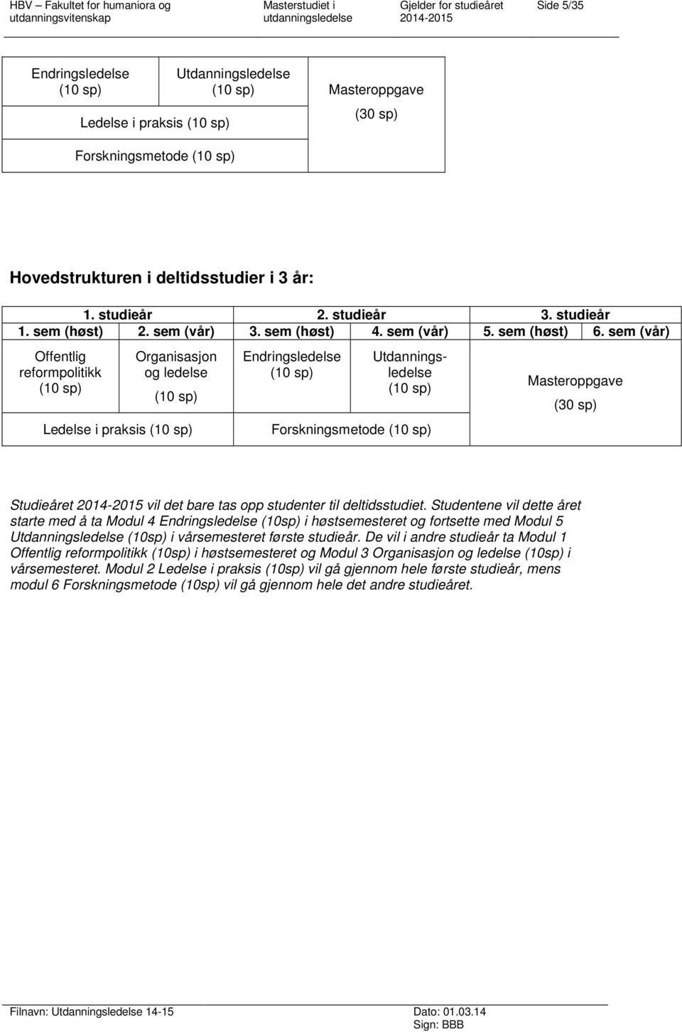 sem (vår) Offentlig reformpolitikk (10 sp) Organisasjon og ledelse (10 sp) Ledelse i praksis (10 sp) Endringsledelse (10 sp) Utdanningsledelse (10 sp) Forskningsmetode (10 sp) Masteroppgave (30 sp)