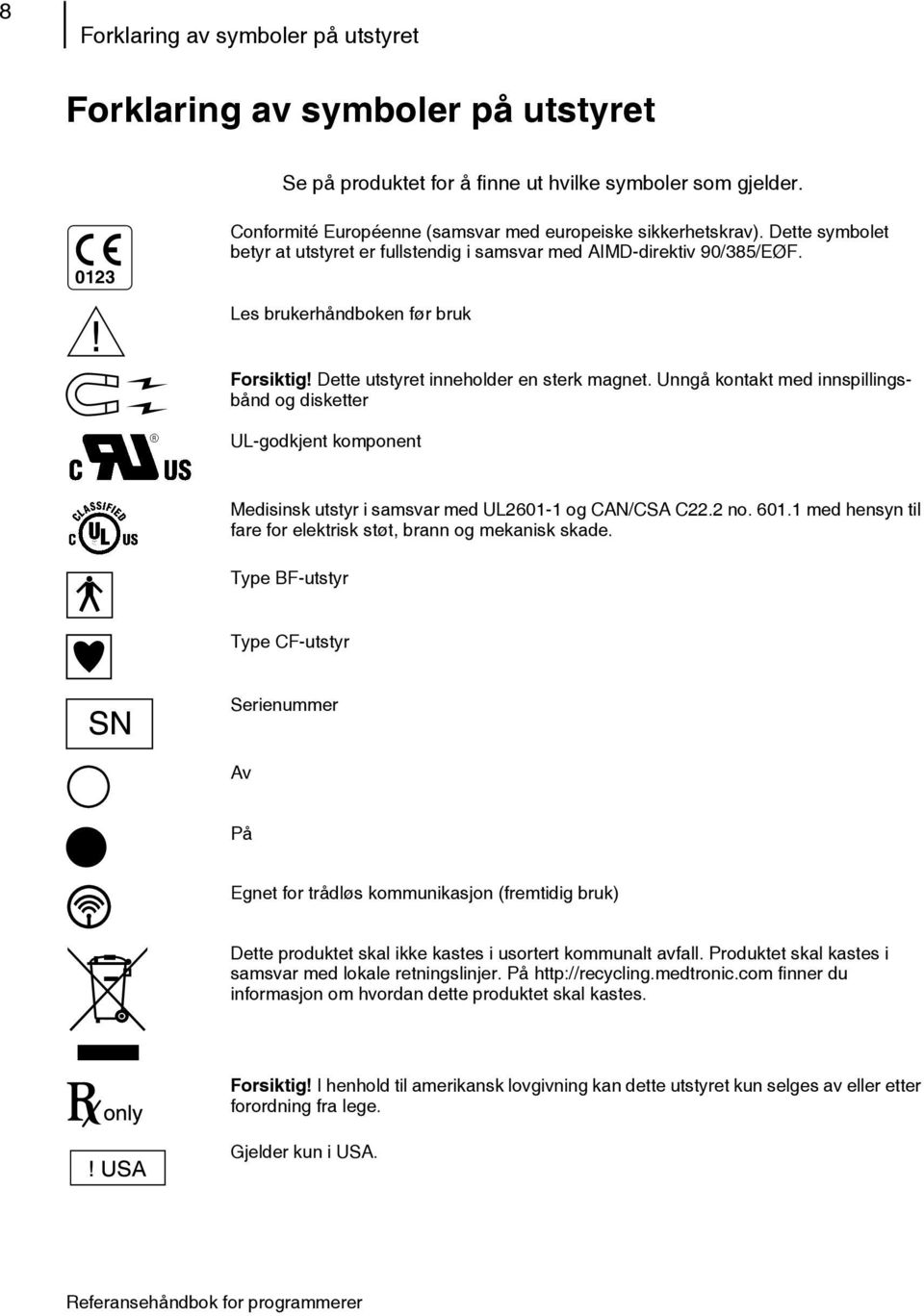 Unngå kontakt med innspillingsbånd og disketter UL-godkjent komponent Medisinsk utstyr i samsvar med UL2601-1 og CAN/CSA C22.2 no. 601.