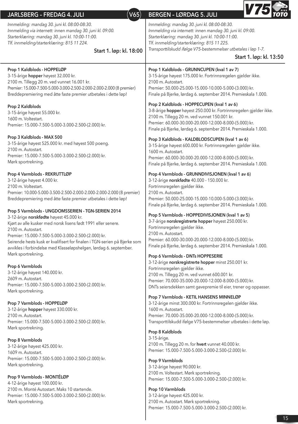 000-3.000-2.500-2.000-2.000-2.000 (8 premier) Prop 2 Kaldblods 3-15-årige høyest 55.000 kr. 1600 m. Voltestart. Prop 3 Kaldblods - MAX 500 3-15-årige høyest 525.000 kr. med høyest 500 poeng.