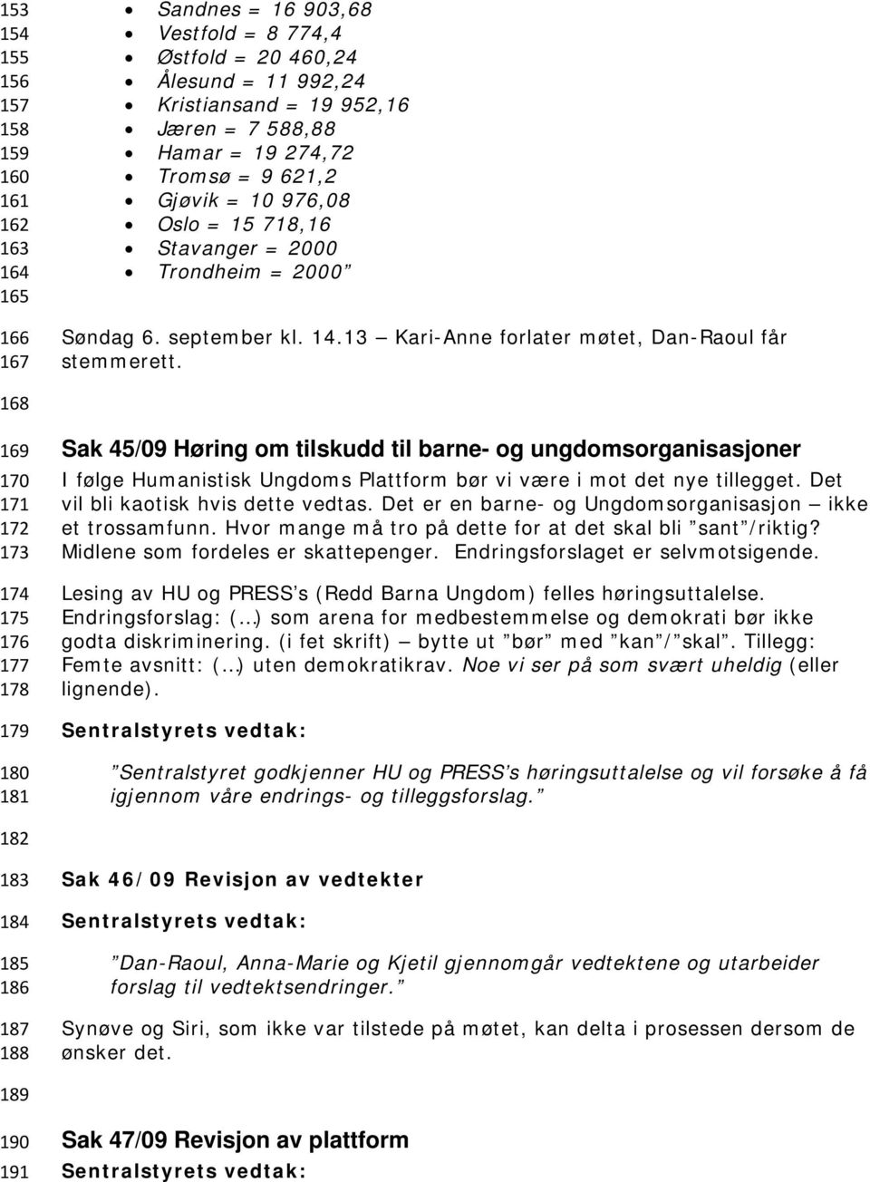 168 169 170 171 172 173 174 175 176 177 178 179 180 181 Sak 45/09 Høring om tilskudd til barne- og ungdomsorganisasjoner I følge Humanistisk Ungdoms Plattform bør vi være i mot det nye tillegget.