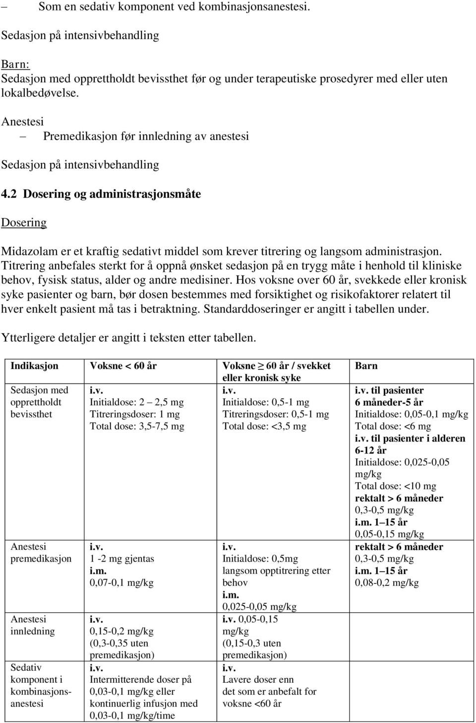 2 Dosering og administrasjonsmåte Dosering Midazolam er et kraftig sedativt middel som krever titrering og langsom administrasjon.