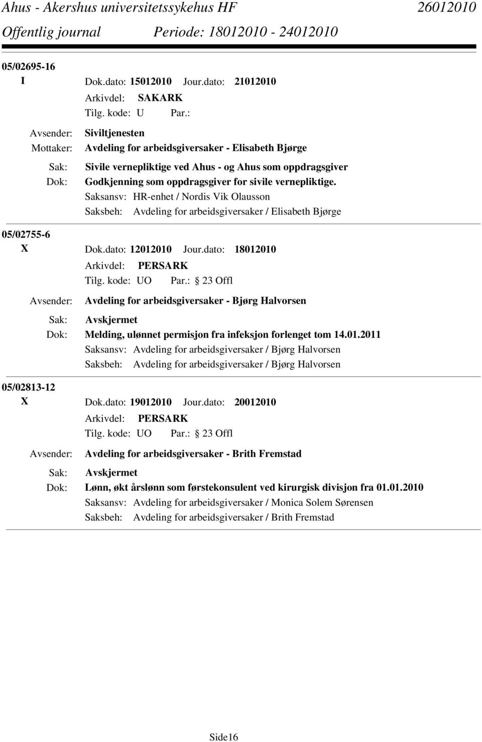 Saksansv: HR-enhet / Nordis Vik Olausson Saksbeh: Avdeling for arbeidsgiversaker / Elisabeth Bjørge 05/02755-6 X Dok.dato: 12012010 Jour.