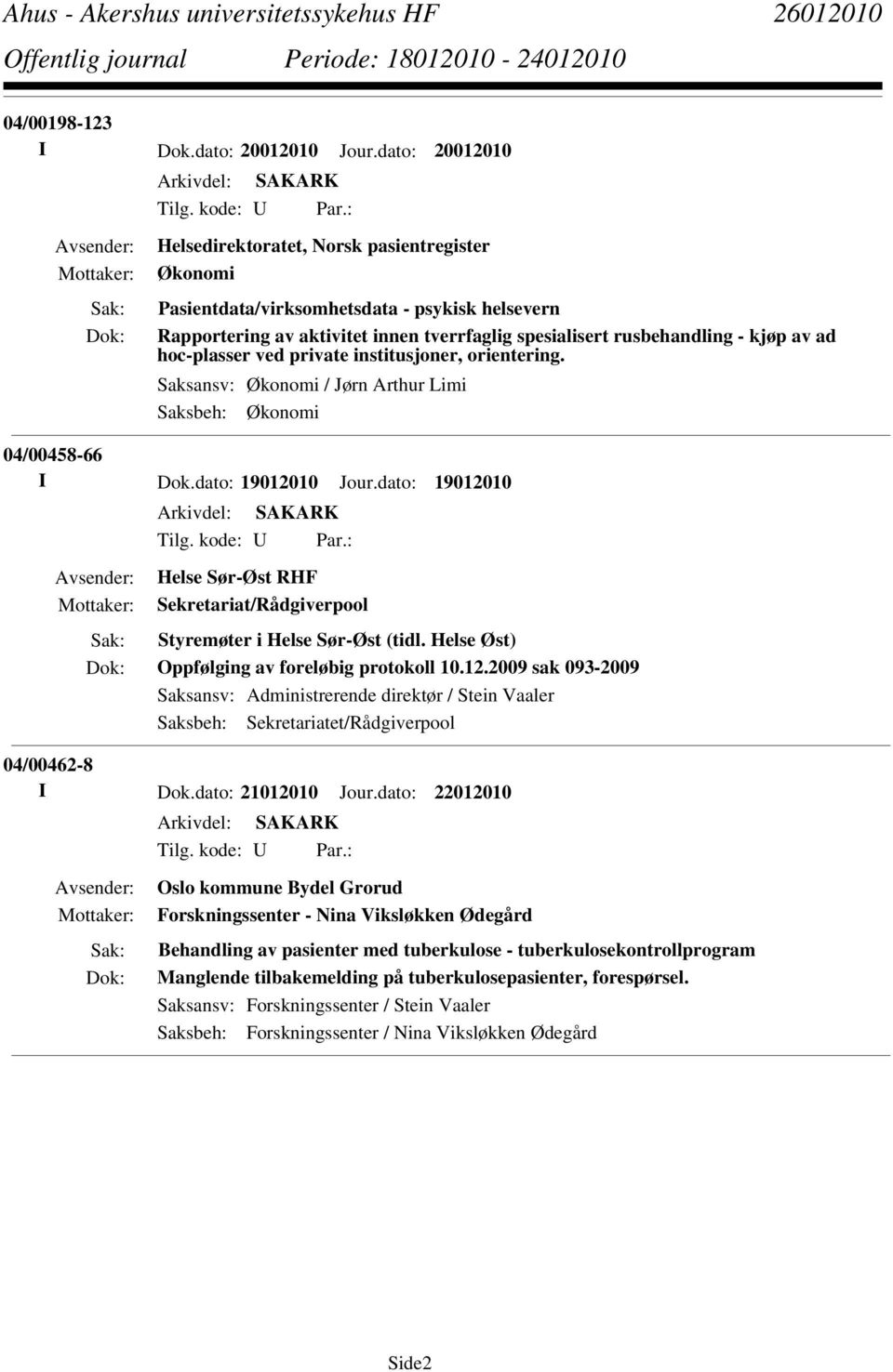 hoc-plasser ved private institusjoner, orientering. Saksansv: Økonomi / Jørn Arthur Limi Saksbeh: Økonomi 04/00458-66 I Dok.dato: 19012010 Jour.